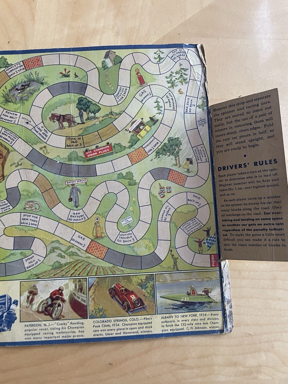 Vintage 1934 Champion Spark Plugs Road Race Game Advertising Rare Spinner