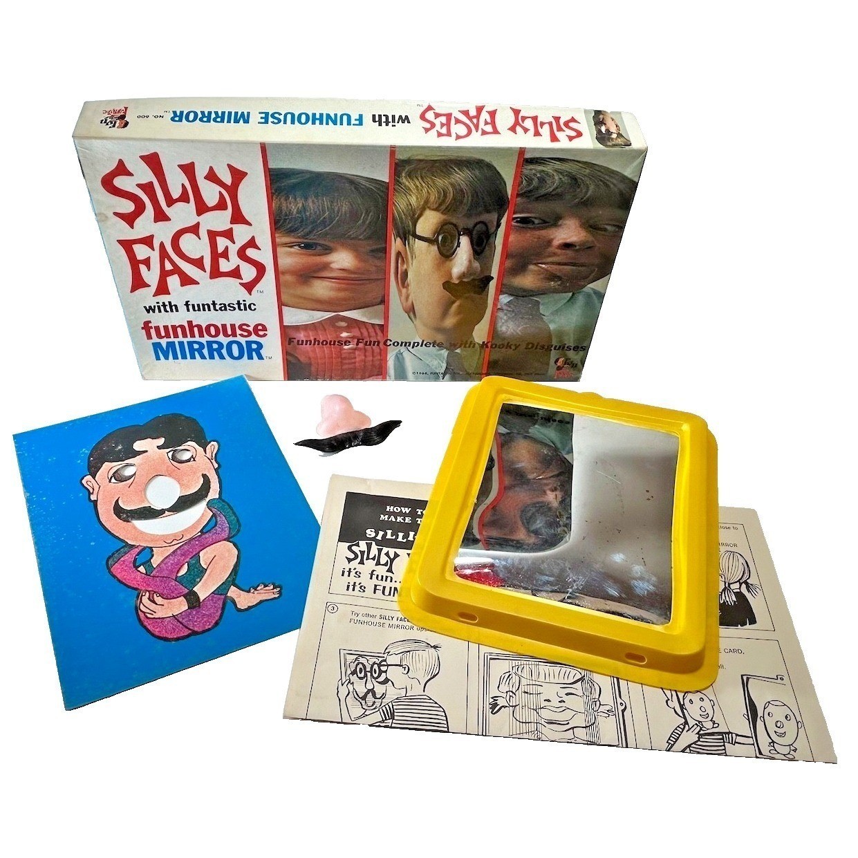 1968 Silly Faces Toy Funhouse Mirror Mustache Original Box Directions Fantastic