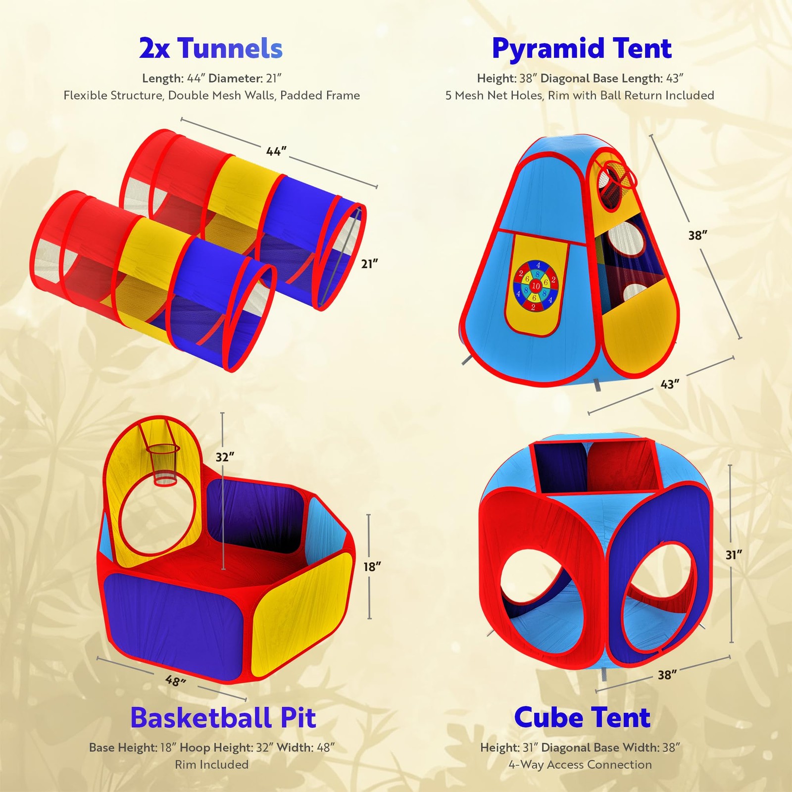 Play Tent 5pc Kids Pop Up Ball Pit Basketball Hoop Crawling Tubes Playz Tents