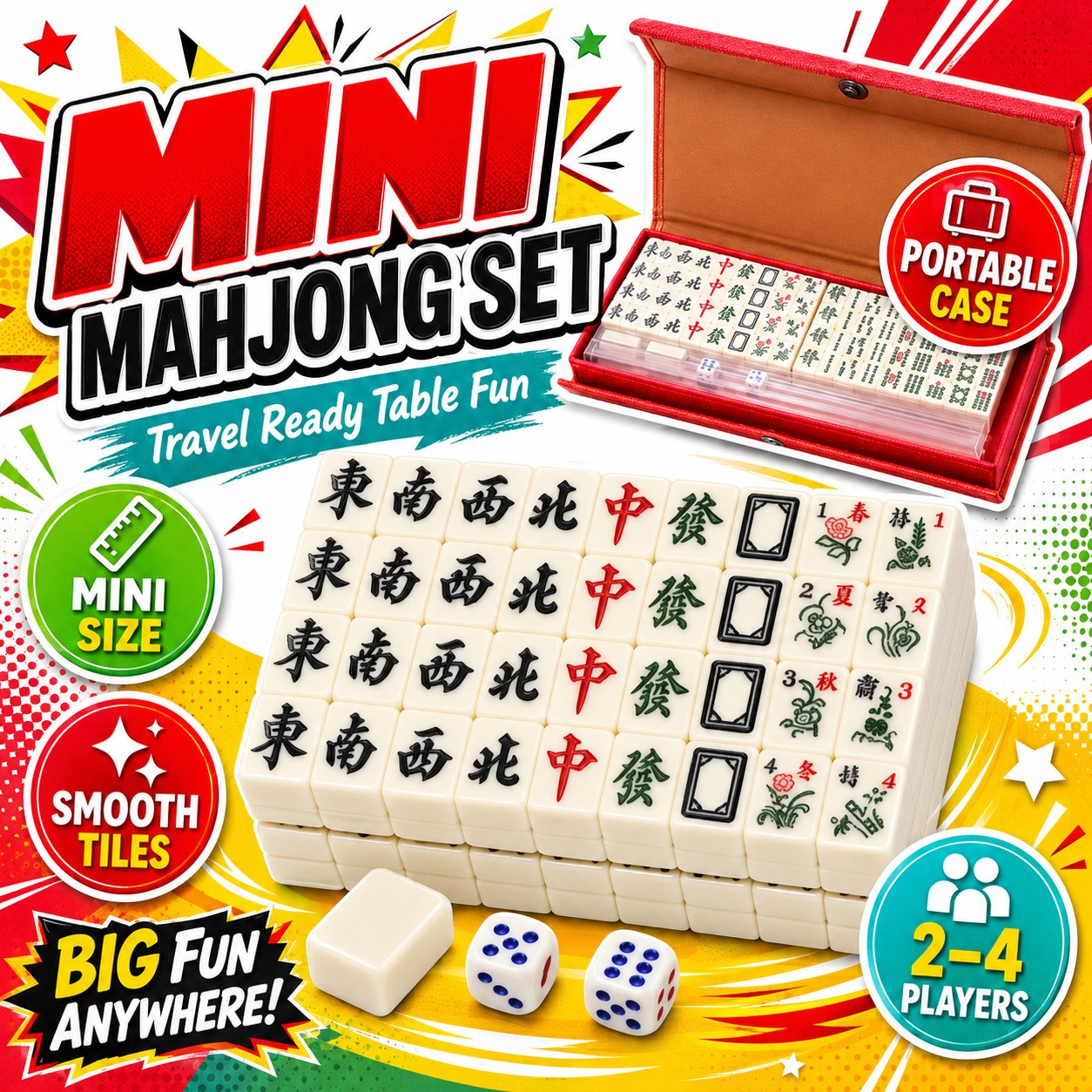Travel Mini Mahjong Set Pocket Size Tiles w/ Portable Case Dice Family Fun Game!