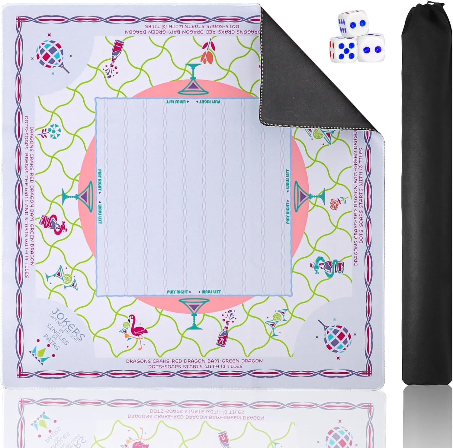 American Mahjong Mat(33″x33″) with Black Carrying Bag&Dice,Anti-Slip, Noise-R…
