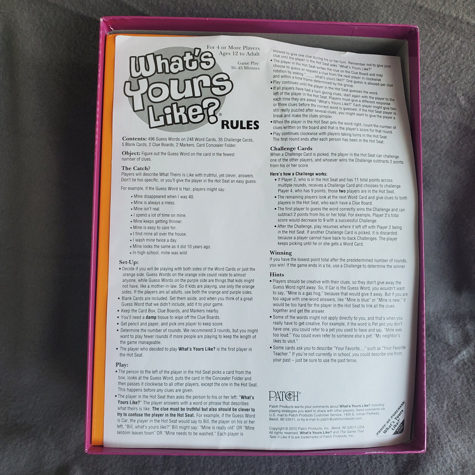 WHAT’S YOURS LIKE? Patch Family & Party Board Card Guessing Game – Complete