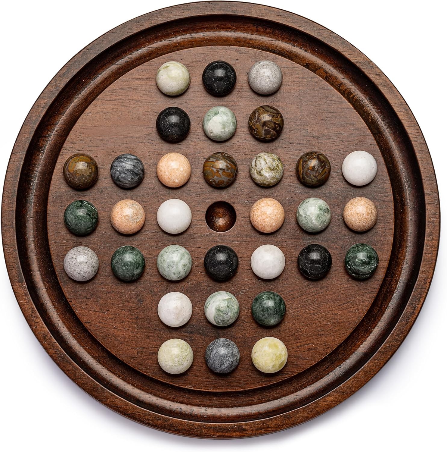 Deluxe Solitaire Game Set: 12.6” Solid Wooden Board, 32 Natural Marble Balls, S
