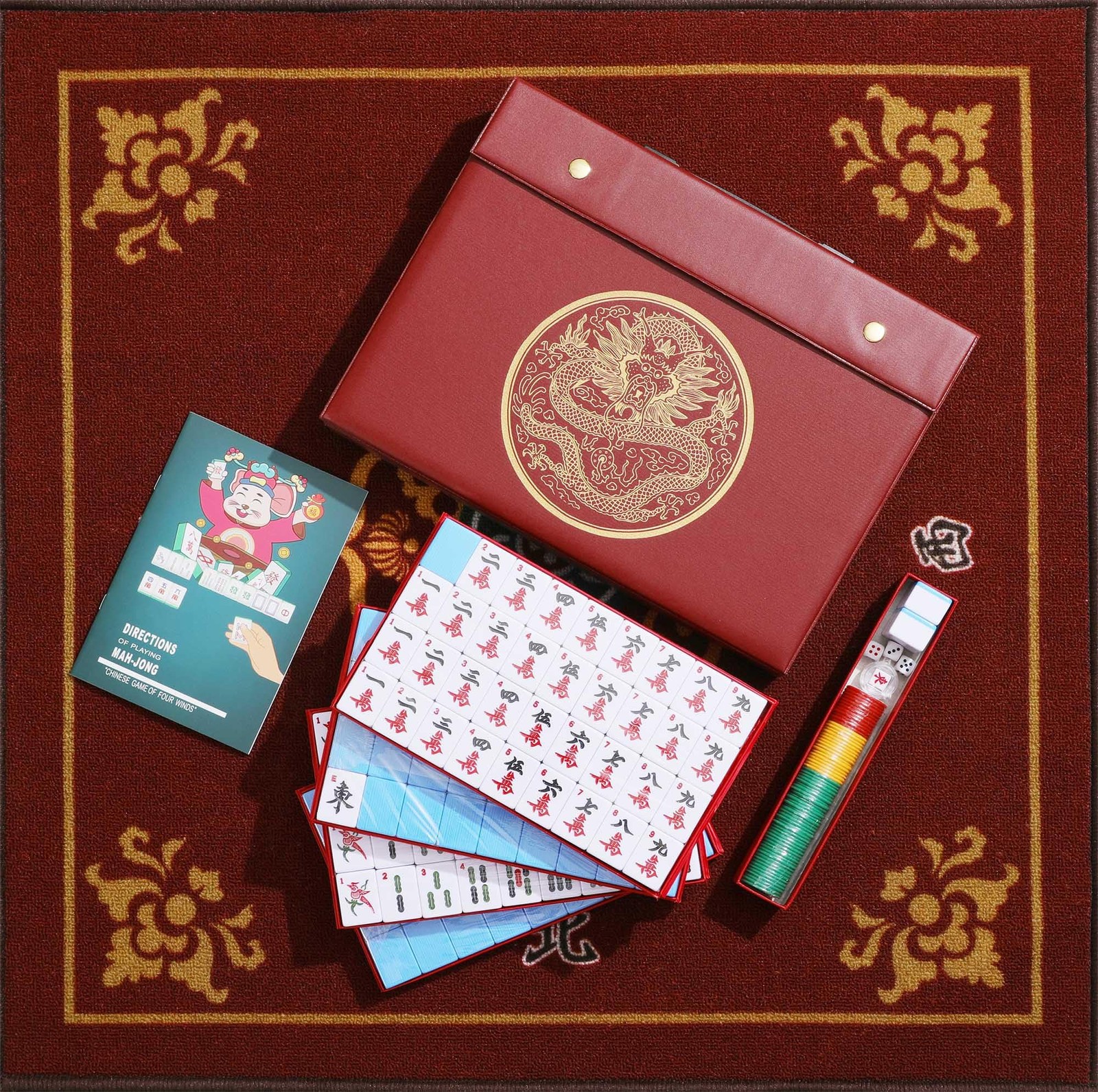 Mahjong Game Set 144 Tiles 1.5 X Large Numbered White Blue Melamine Mose Cafolo