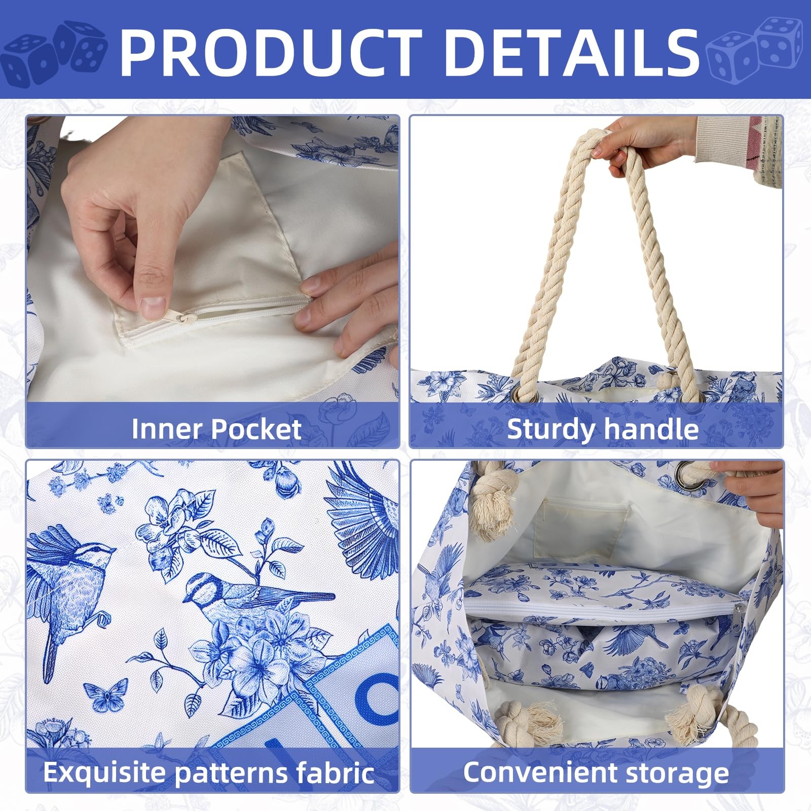 4 Pcs Empty Mahjong Bags Set Mahjong Tile Bag with Handle Thickened Blue Prin…