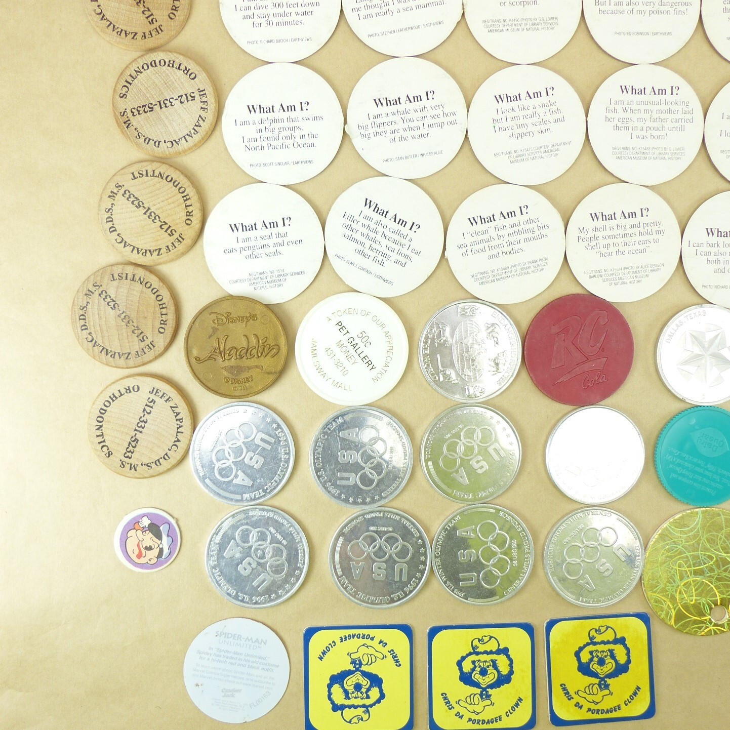 Junk Draw Lot of Coin Tokens from the 1990s. Metal, Plastic, Cardboard, Wood
