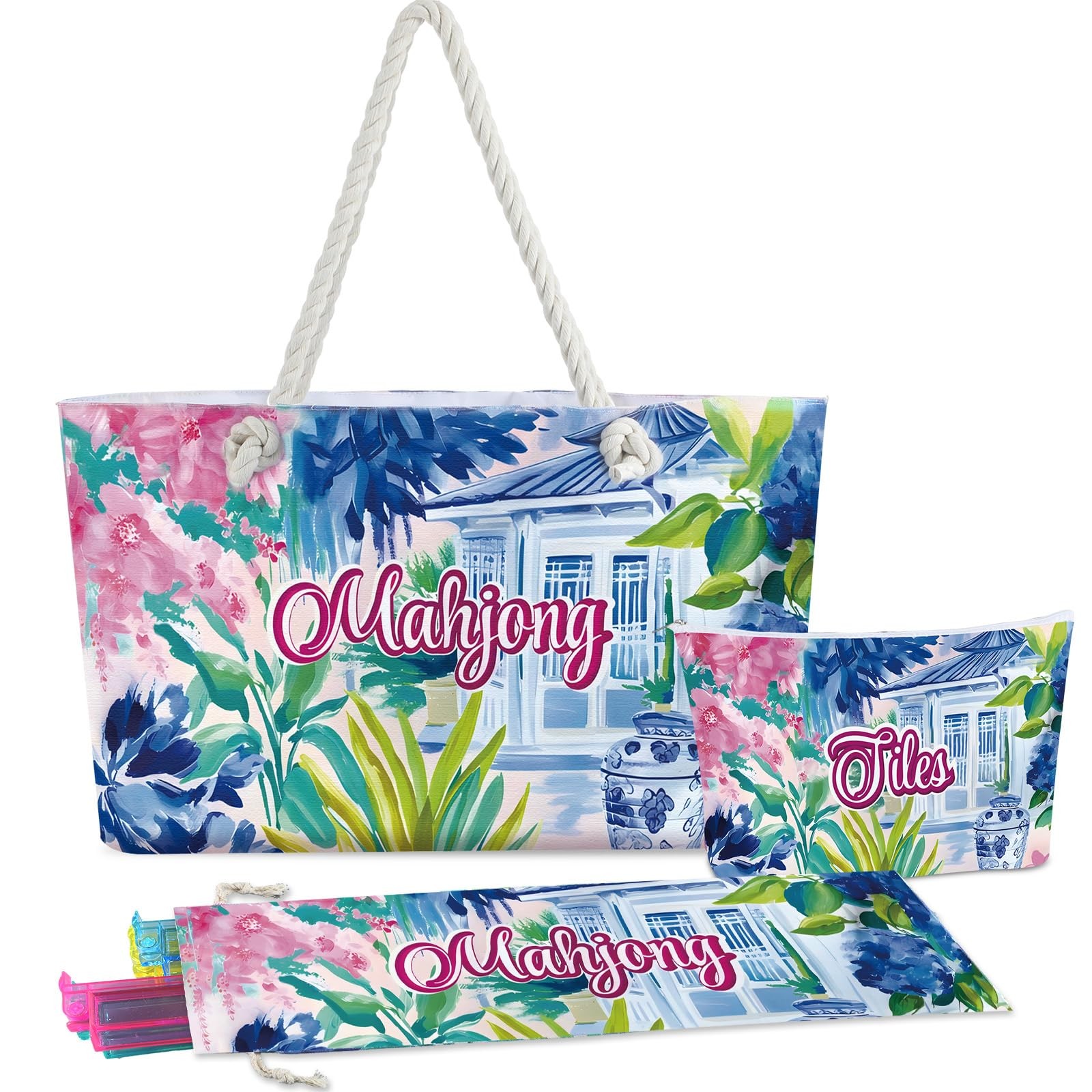 Empty Mahjong Bags Set for 24.0 x 13.0 x 4.7 inches, Blue and White