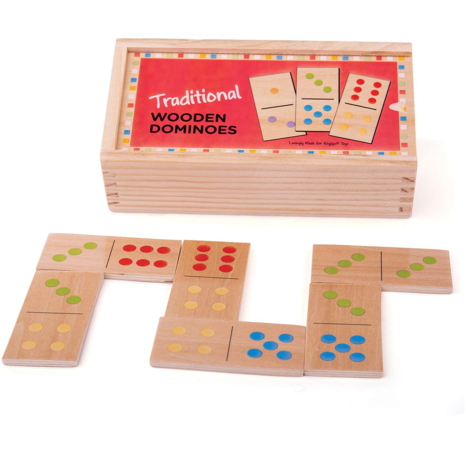 Bigjigs Toys Traditional Wooden Kids Dominoes – 28 Dominoes with Storage Box