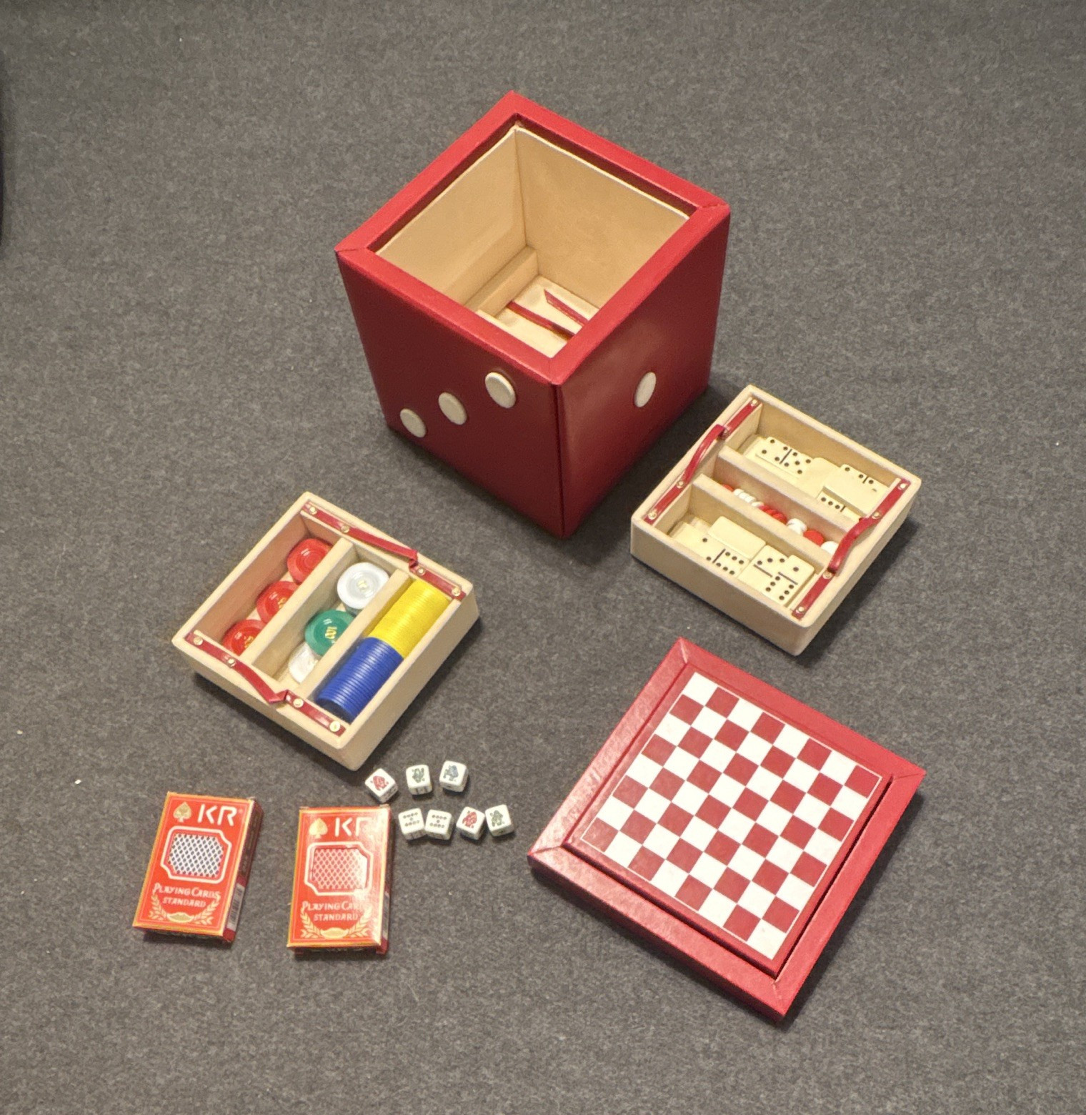 Red Dice-Shaped Travel Game Set w Board, Dominoes, Poker Chips, Cards & Dice