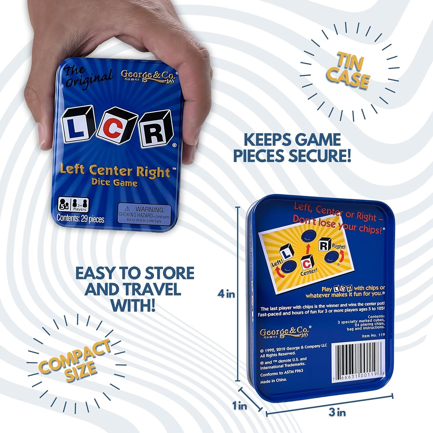 LCR® Left Center Right™ Dice Game – Blue Tin