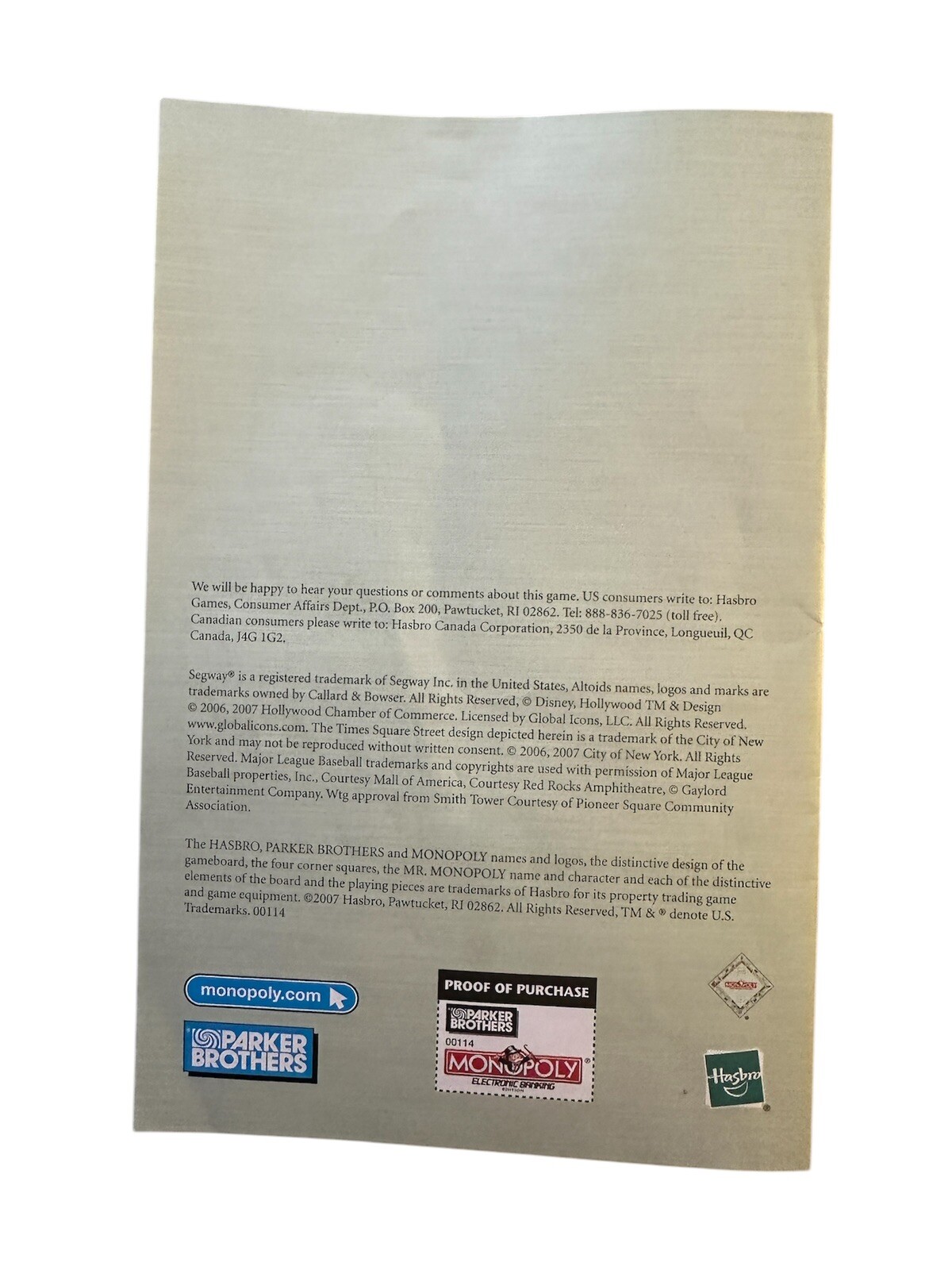 Monopoly Electronic Banking Edition Replacement Instruction Manual 2007