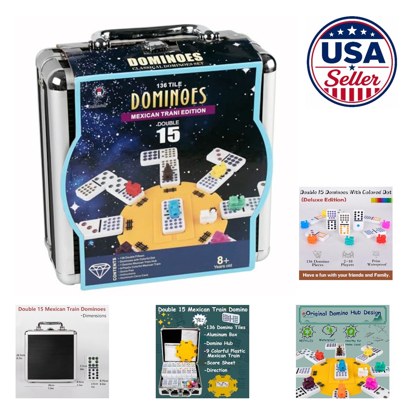 Dominoes Set Double 15 Colored Dot Mexican Train Game 136 Tiles Aluminum Case