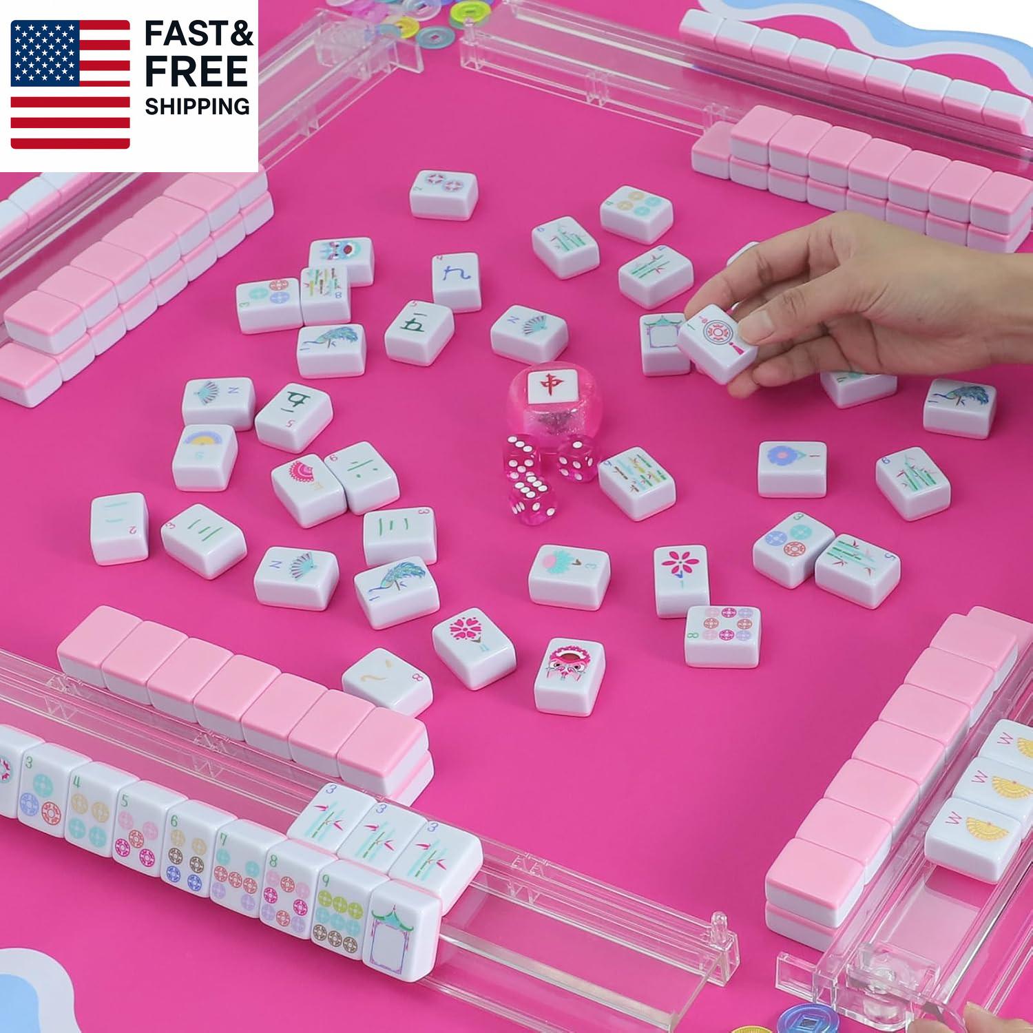 160 Pink American Printed Mahjong Game Set with Carrying Bag and Accessories