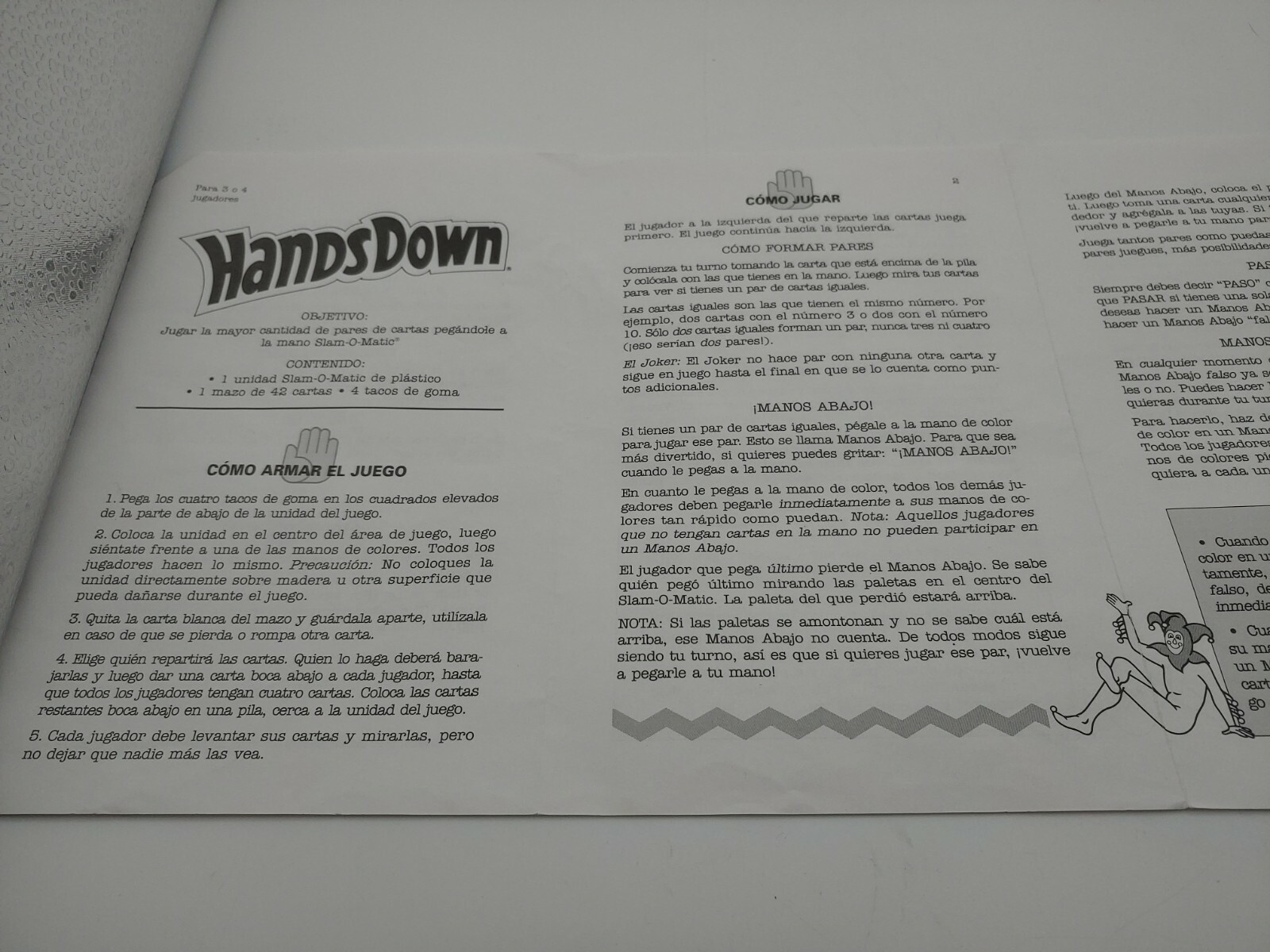 1990 Hands Down Board Game Replacement Instruction Manual Rules Only