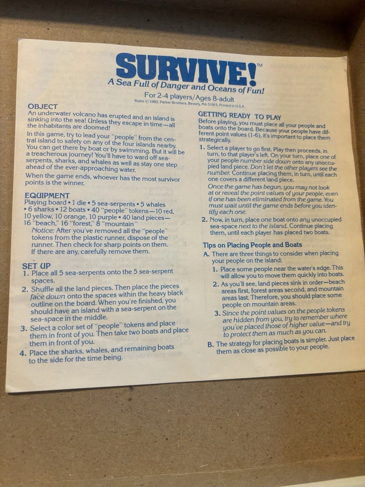 Parker Brothers Survive! Adventure Board Game 1982, 2 Players, 8+ MPN 5
