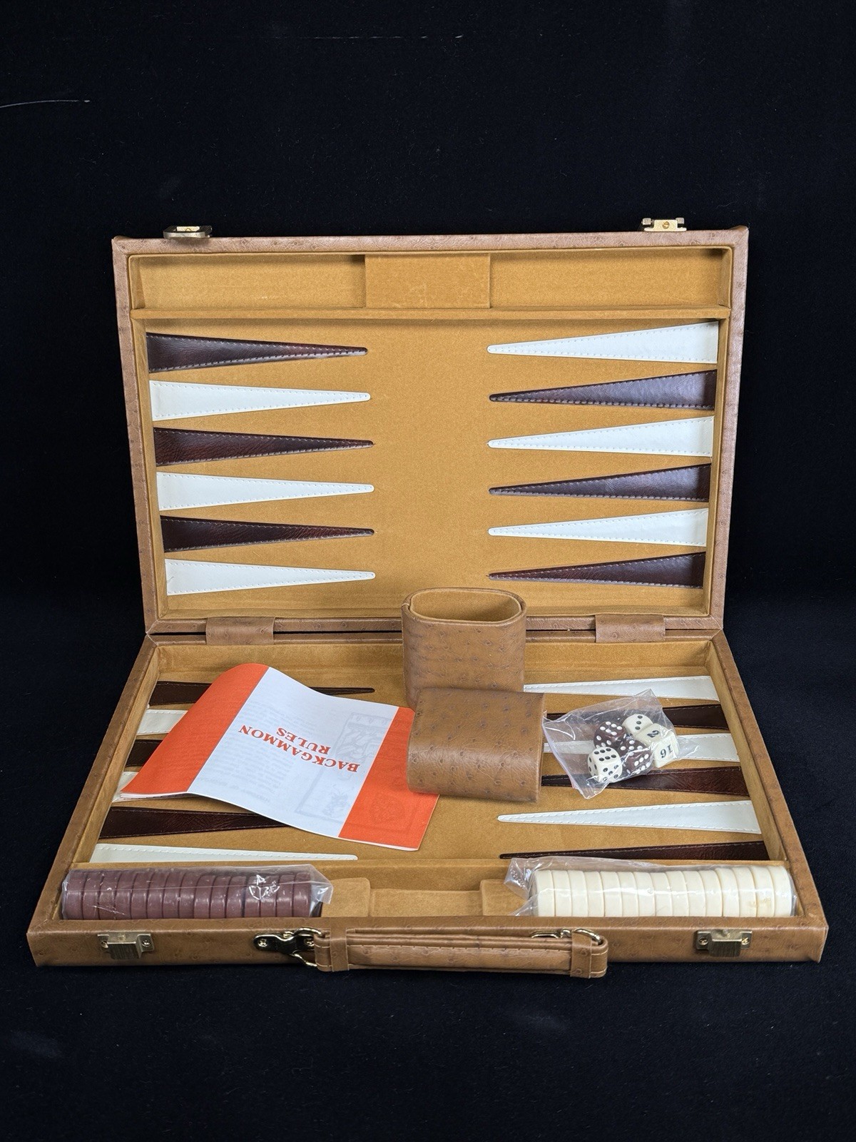 WE Games Cognac Ostrich Leatherette Backgammon Set 10 X 15” Closed