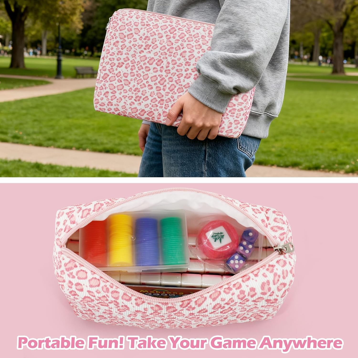 166 Pink American Printed Mahjong Game Set with Carrying Bag and Accessories, 1.