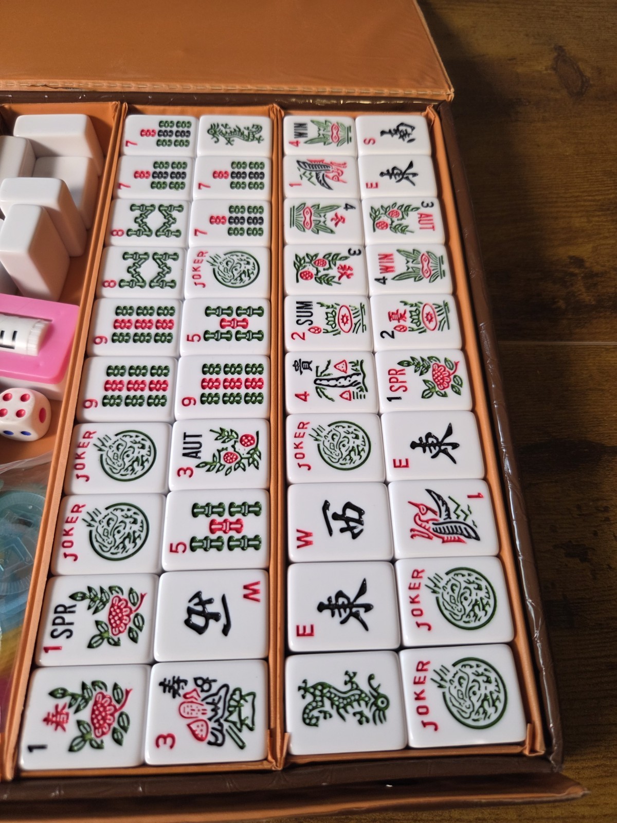 Vintage MahJong Chinese Game Tri 3 Color 2 Layer Tiles Set Cream w/ Case
