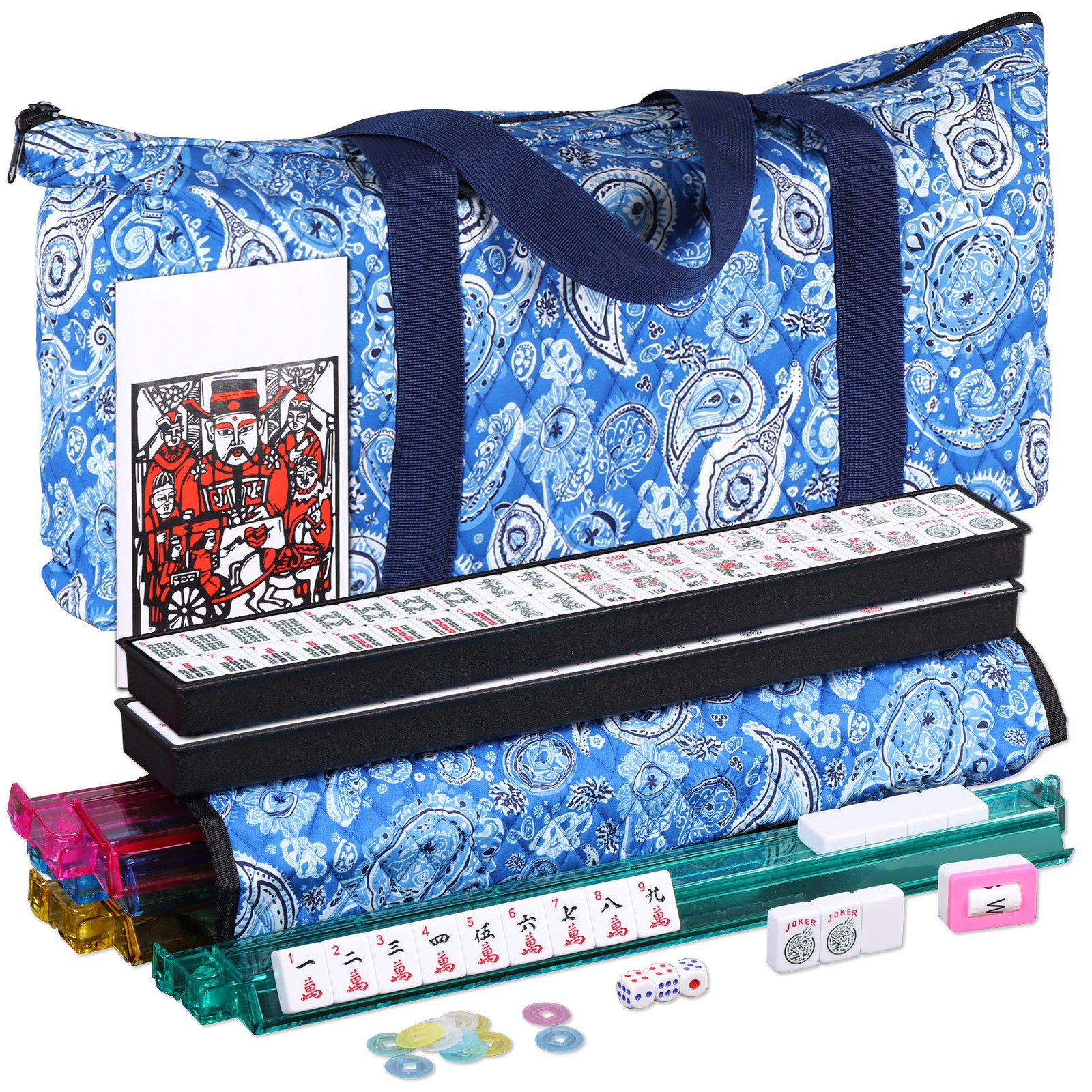 American Mahjong Set 166 Tiles 4 Complete Mah Jong Set Racks/Pushers w/ Blue Bag