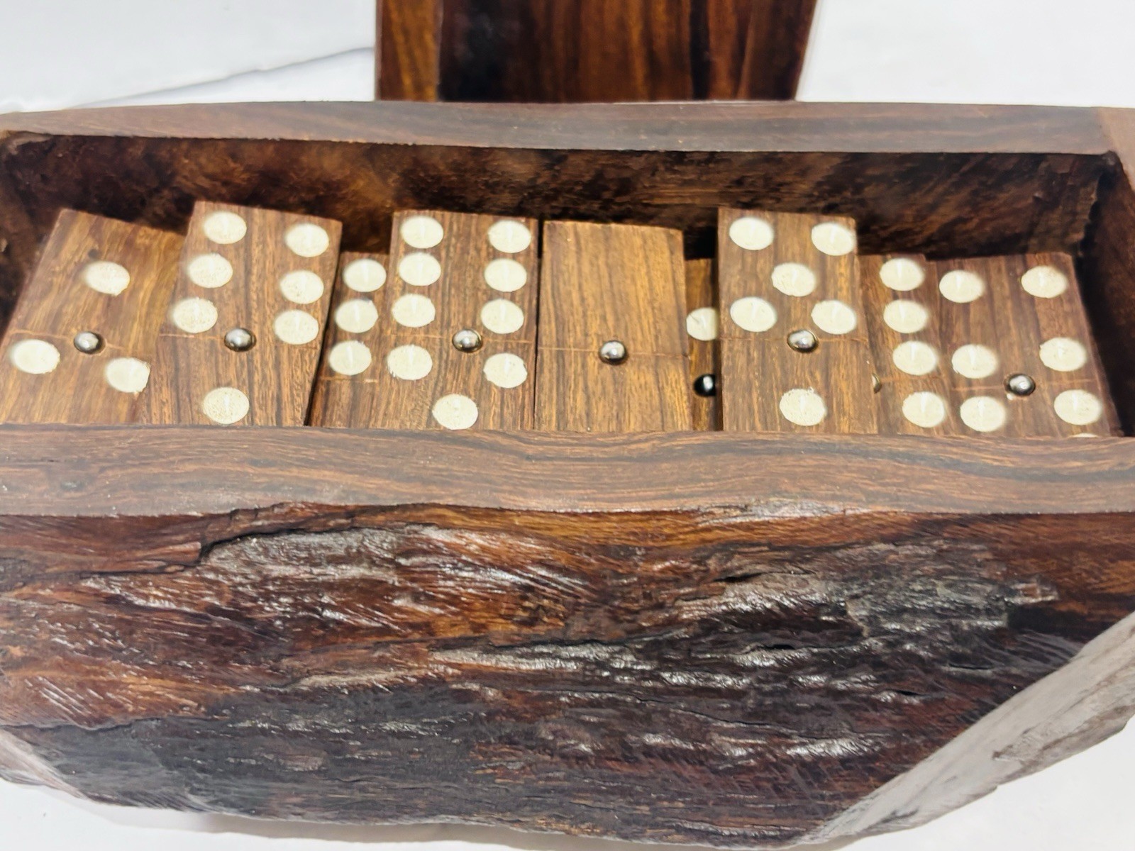 Vintage Walnut Wood Dominoes Set And Box