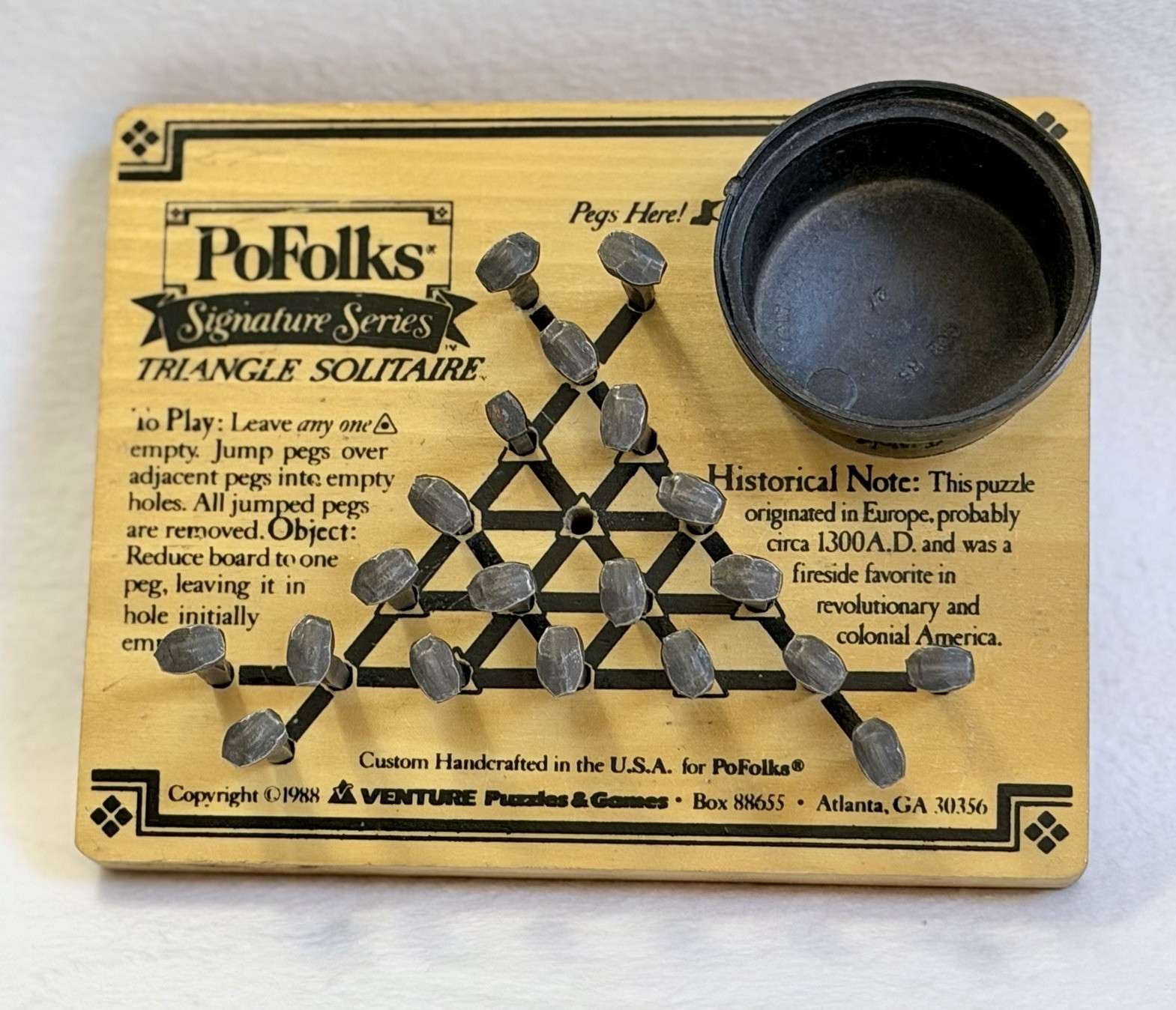 1988 PoFolks Signature Series Triangle Solitaire Handcrafted Wood Peg Game Board