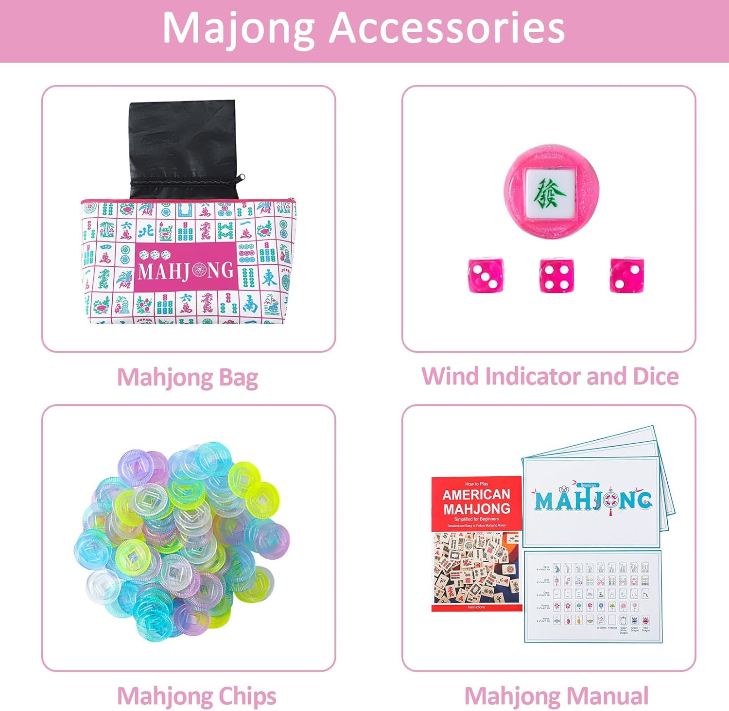 160 Pink American Printed Mahjong Game Set with Carrying Bag and Accessories, 1.