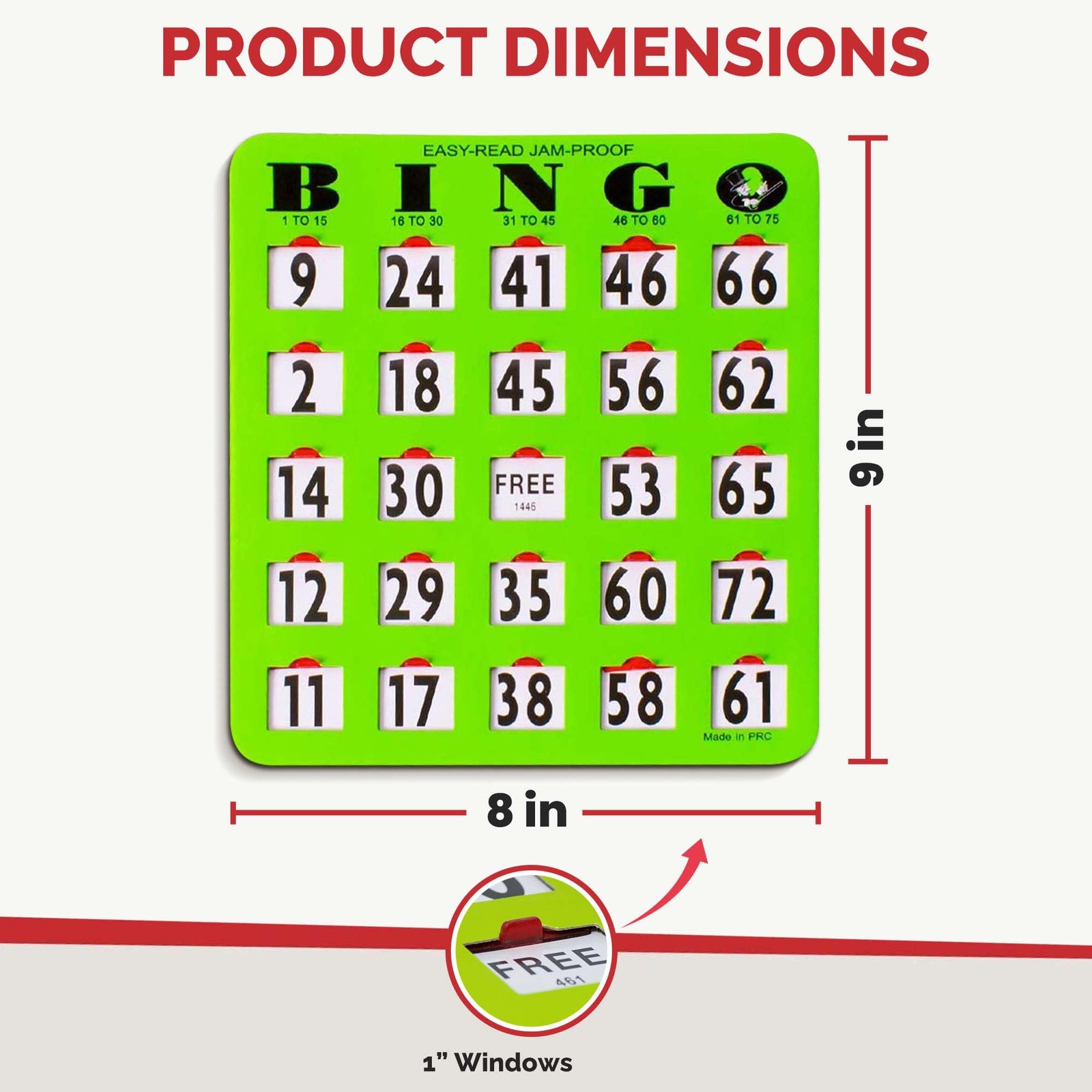 Jam-Proof Large Print Bingo Cards with Sliding Windows, 10 Pack, Green