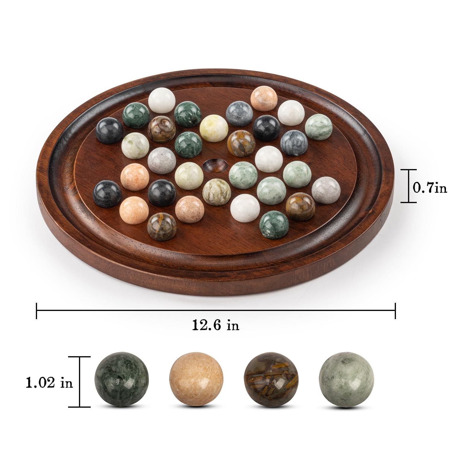 Deluxe Solitaire Game Set: 12.6” Solid Wooden Board, 32 Natural Marble Balls…
