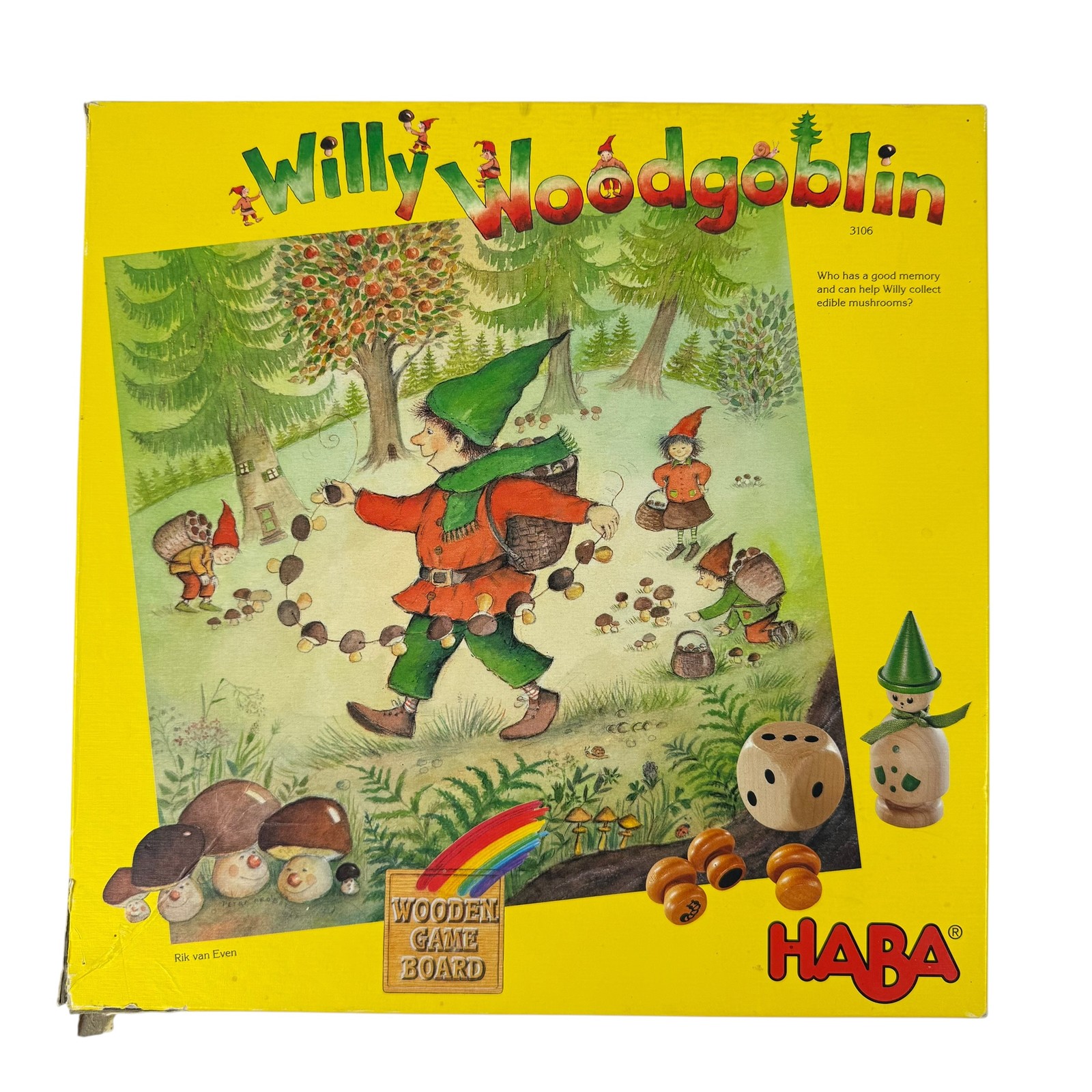 VTG 1997 Willy Woodgoblin Haba Wooden Board Memory Game Mushrooms Germany RARE