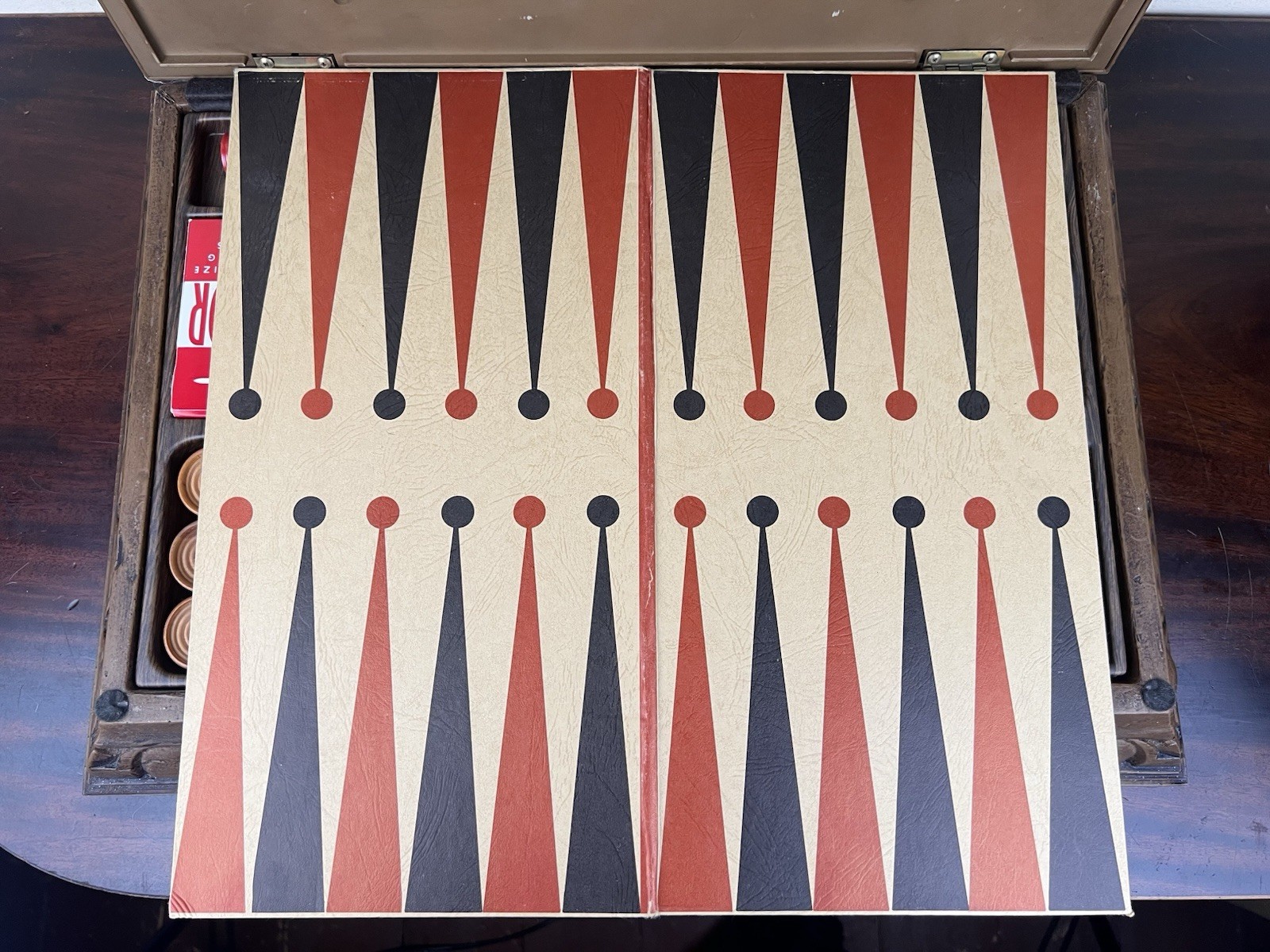 1970s Game Set w/ Box Chess Checkers Roulette Backgammon Dominoes Faux Wood