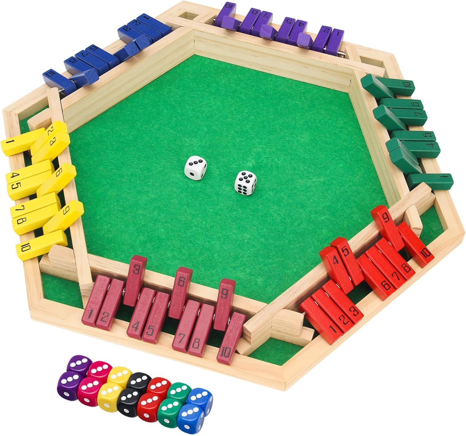 6-Sided Shut the Box Game Multicolor Wooden with 16 Dice | Family Gatherings, Cl