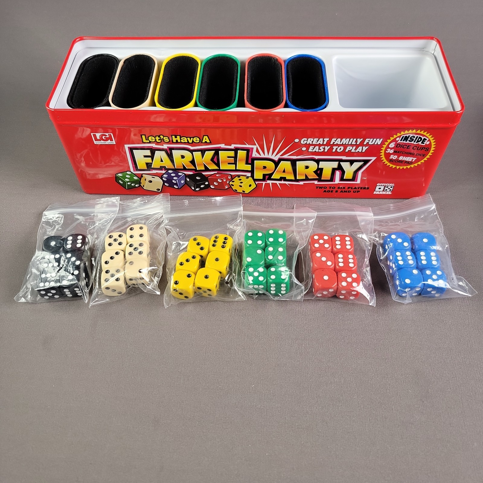 Farkel Party Dice Game Complete w. score cards & instructions original metal box