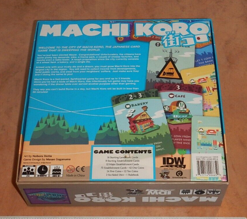 2014 IDW GAMES – MACHI KORO BOARD GAME, 100% COMPLETE