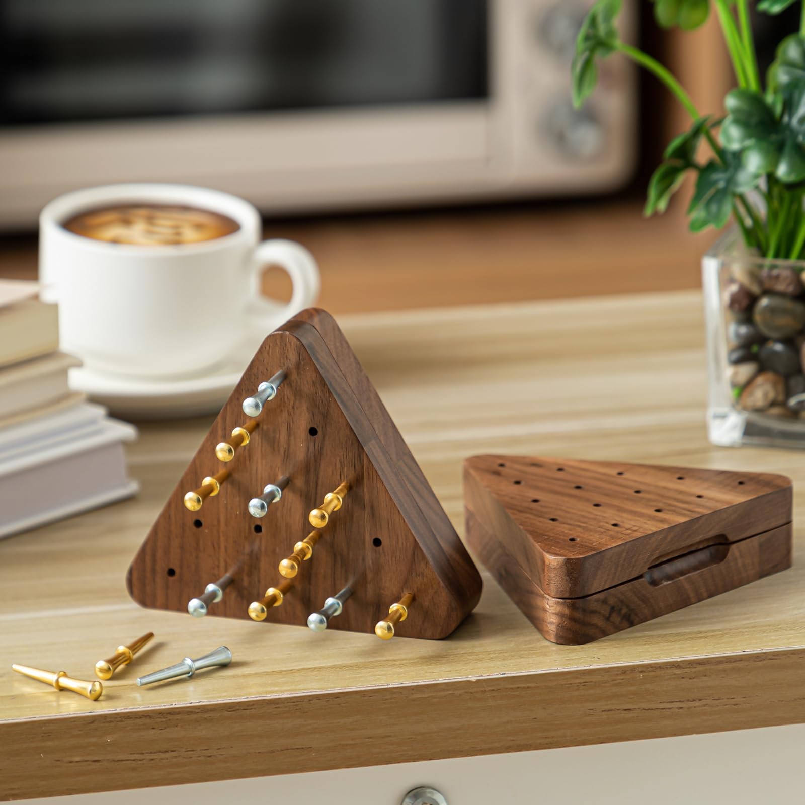 Estune 1 Set 4.3 Inch Walnut Wooden Tricky Triangle Peg Game Portable Board