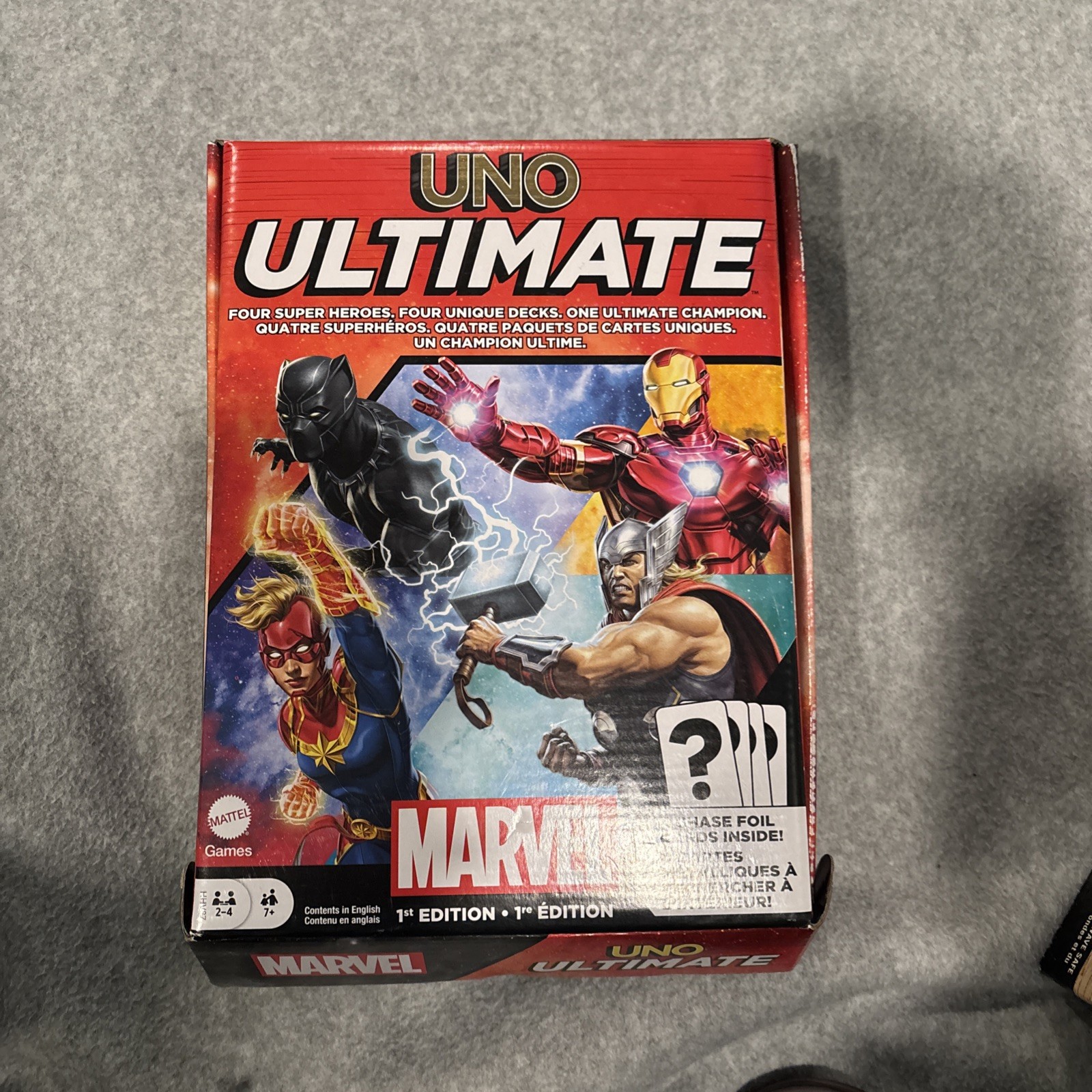 Marvel 1st Edition UNO Ultimate Black Panther Thor Iron Man Cptn Marvel – 3 Foil