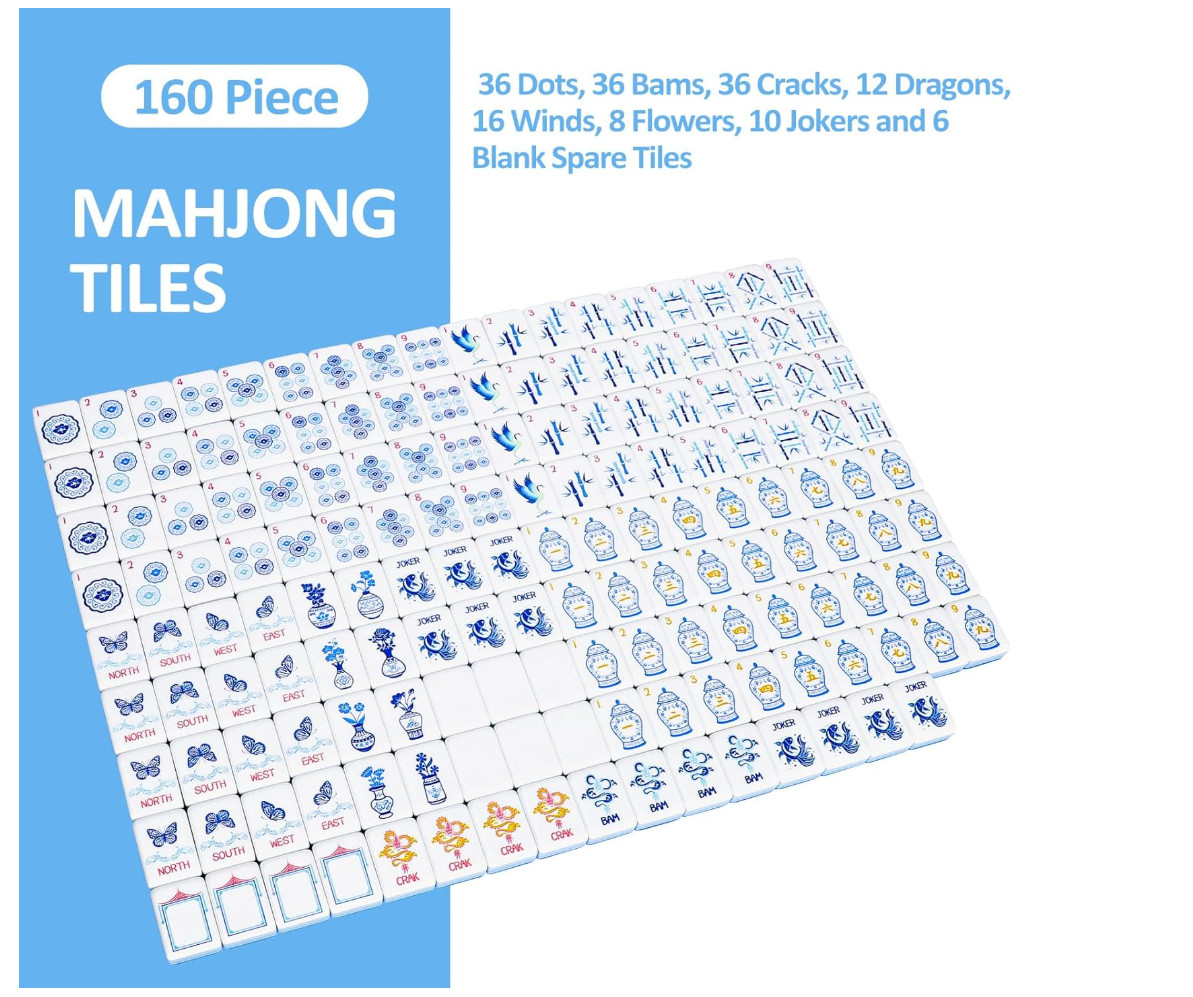 Light Blue American Mahjong Tile Set(1.2″), 160 Engraved Tiles with Mahjong Tile