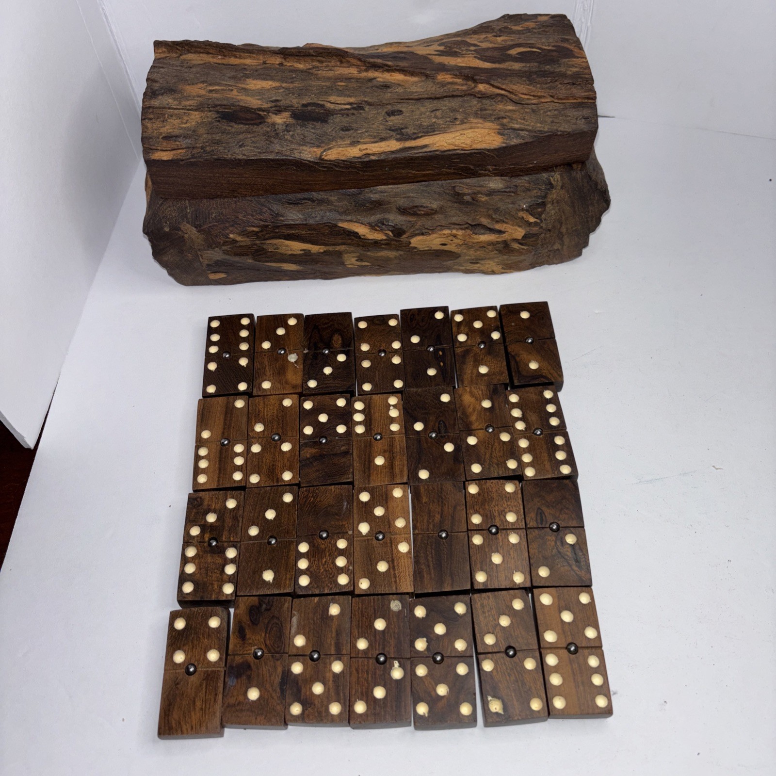 Vintage Hand Carved Wooden Domino Set Rustic Log Box Complete Game Set