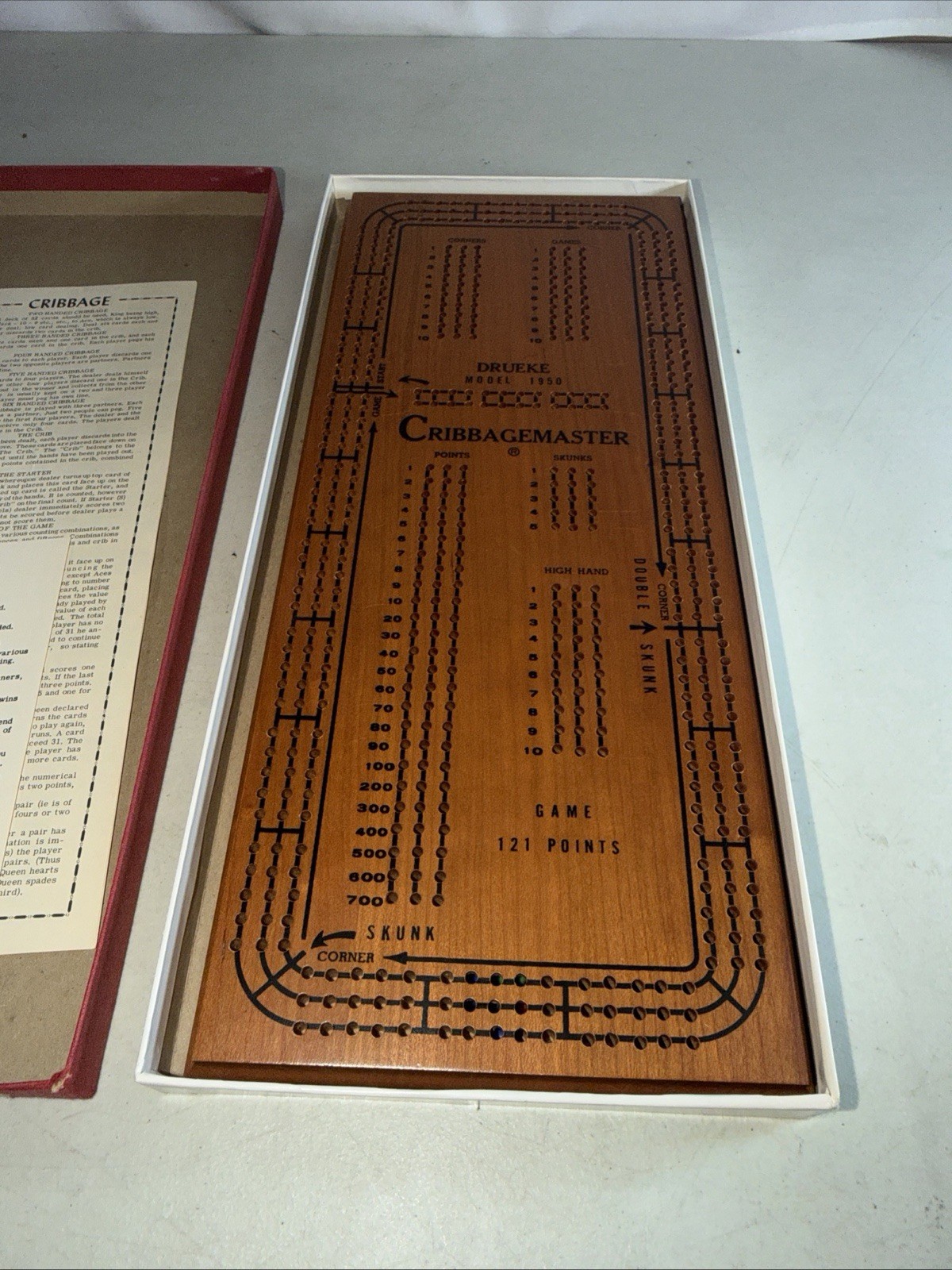 VTG Drueke Cribbage Master Wooden 3 Track Cribbage Board w Box & Pegs USA
