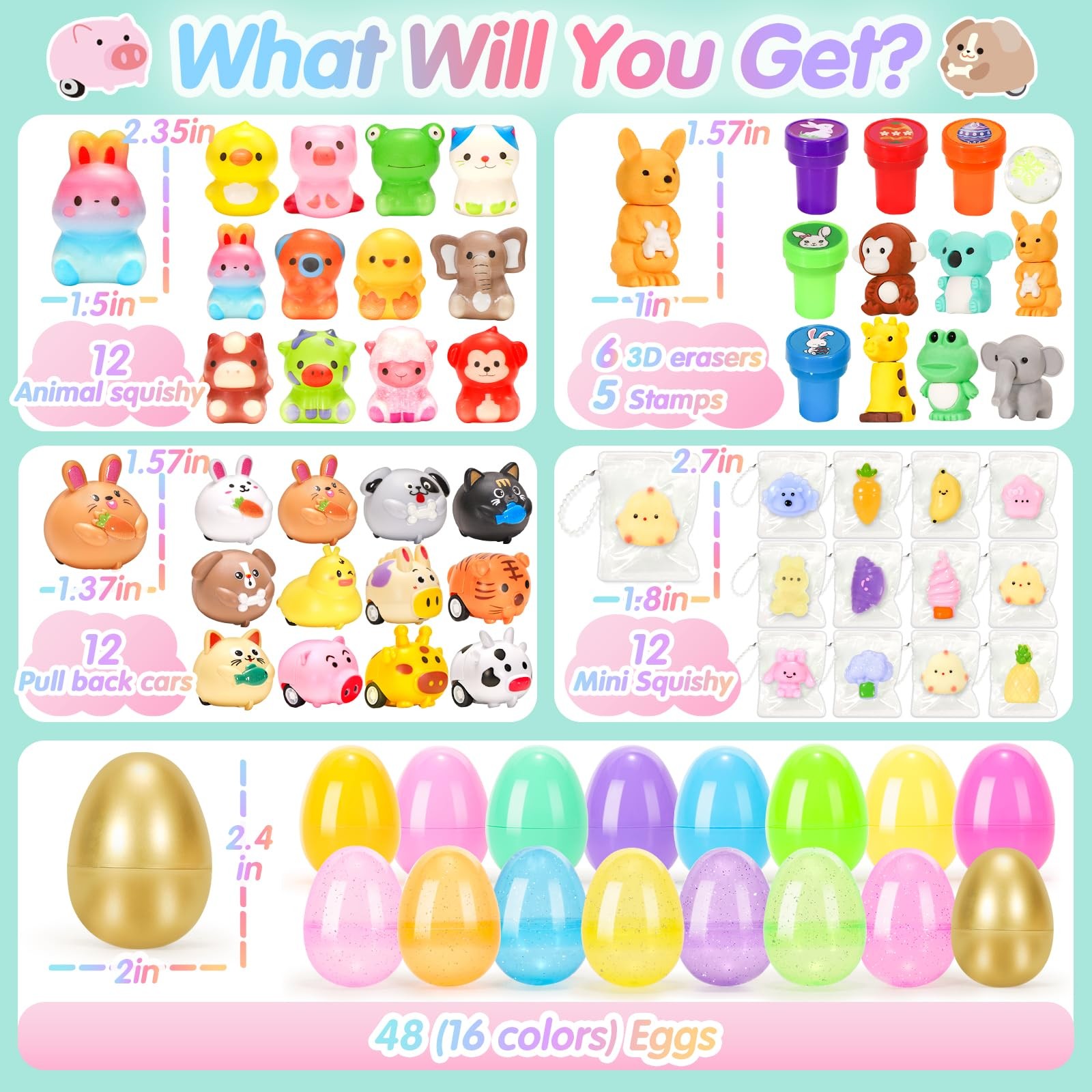Easter Eggs 48Pcs Prefilled Toys Cars Squishy Erasers Stamps Kids SQ-JDC48 Hunt