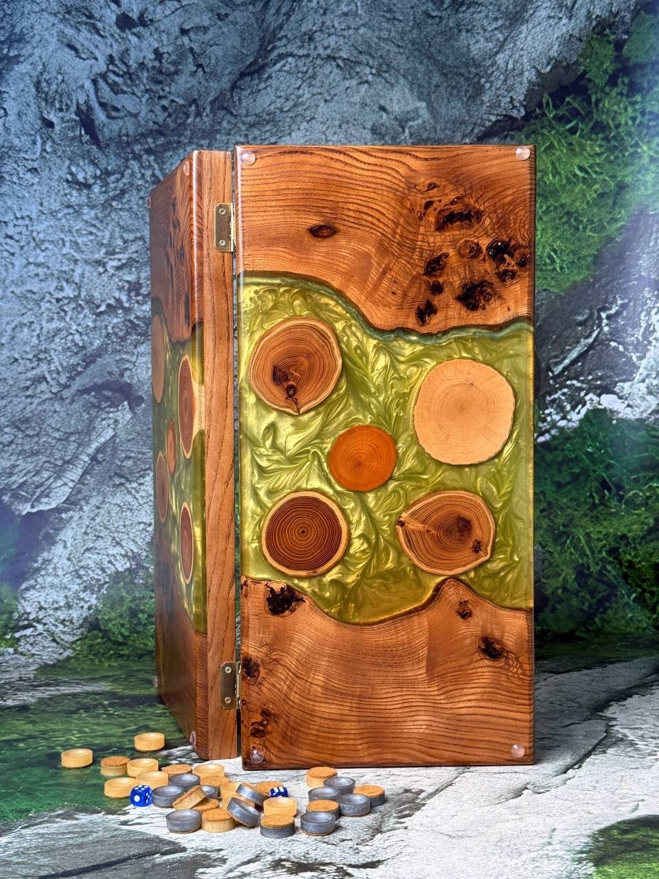 Handmade Wood Epoxy Resin Backgammon Board | Natural Grain Game Set 50×50 cm