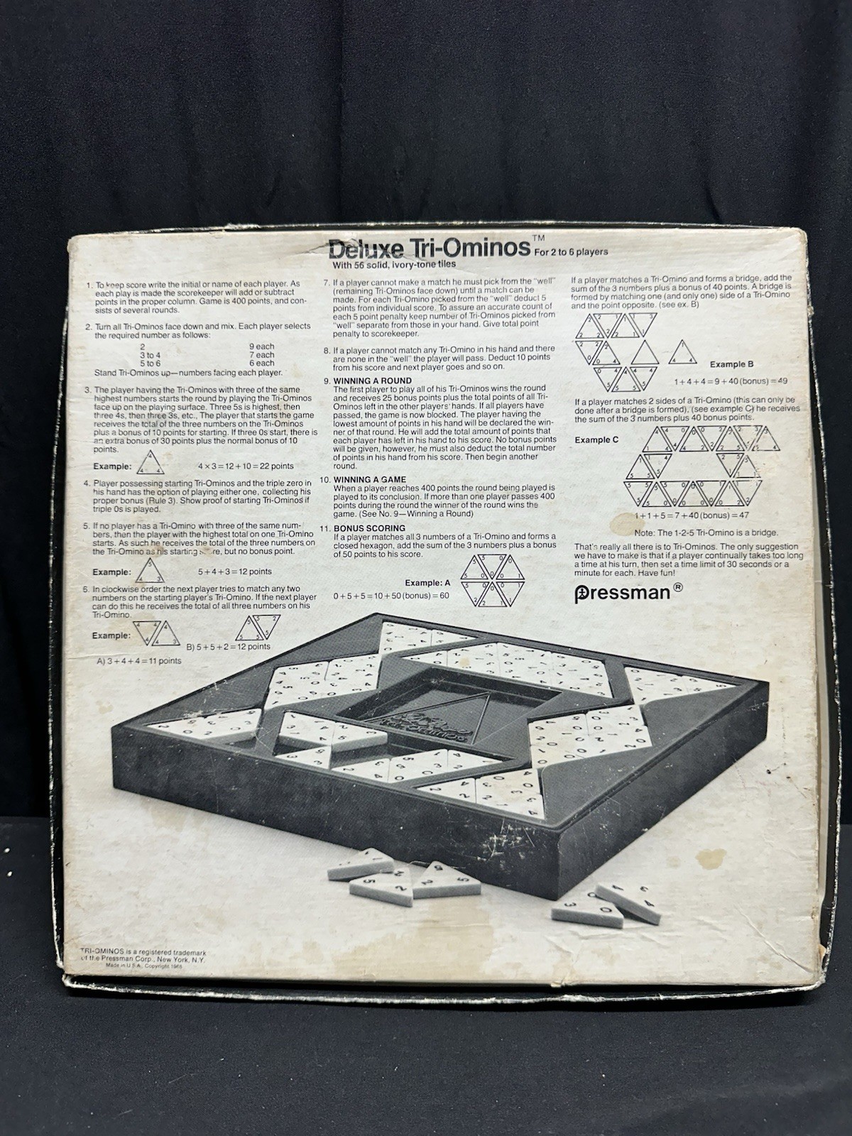 Deluxe Tri-Ominos Vintage 1978 Pressman Game Ivory Tone Crystalline Tiles 4423