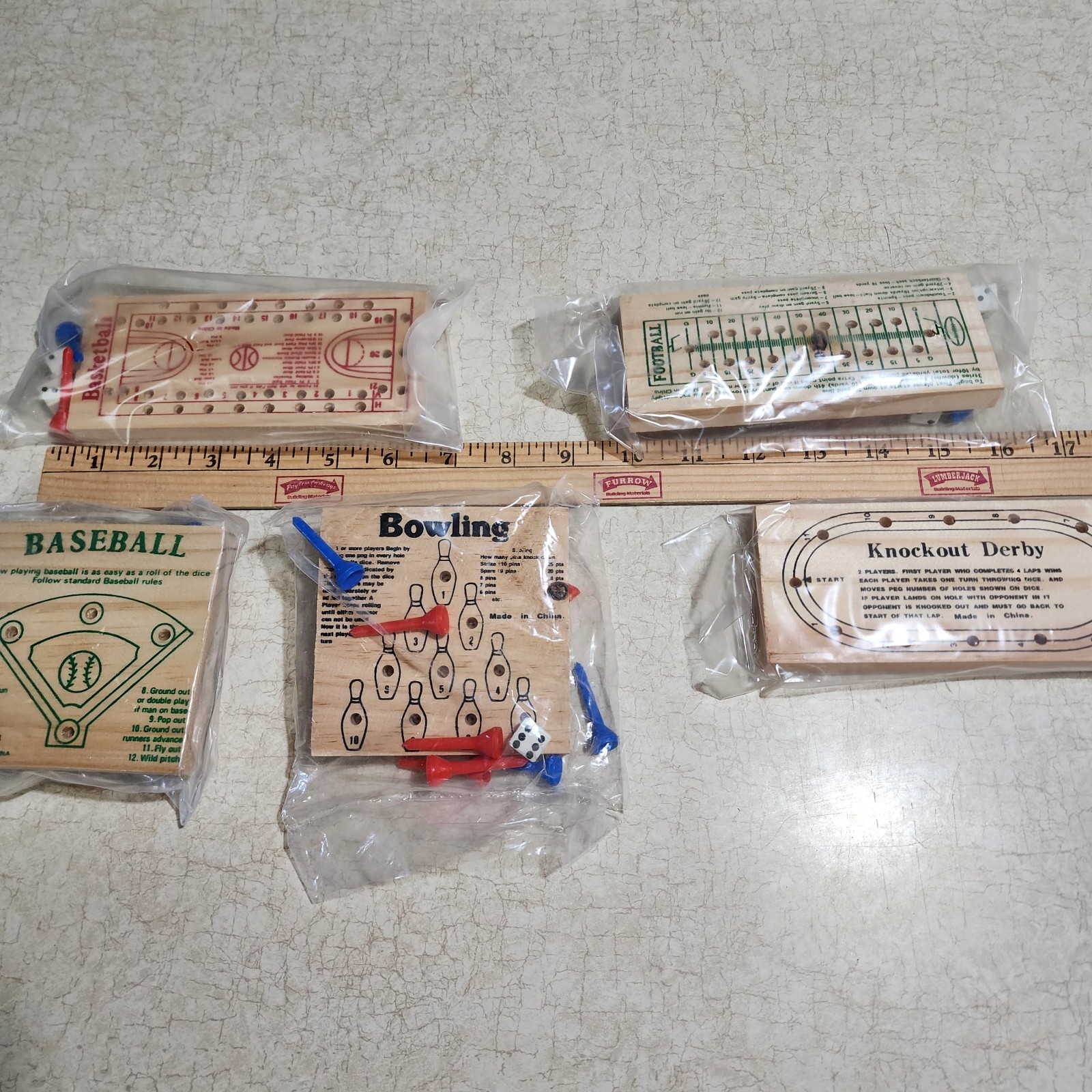 Sports Wood Dice & Peg Games: Baseball Football Bowling Derby Basketball Sealed