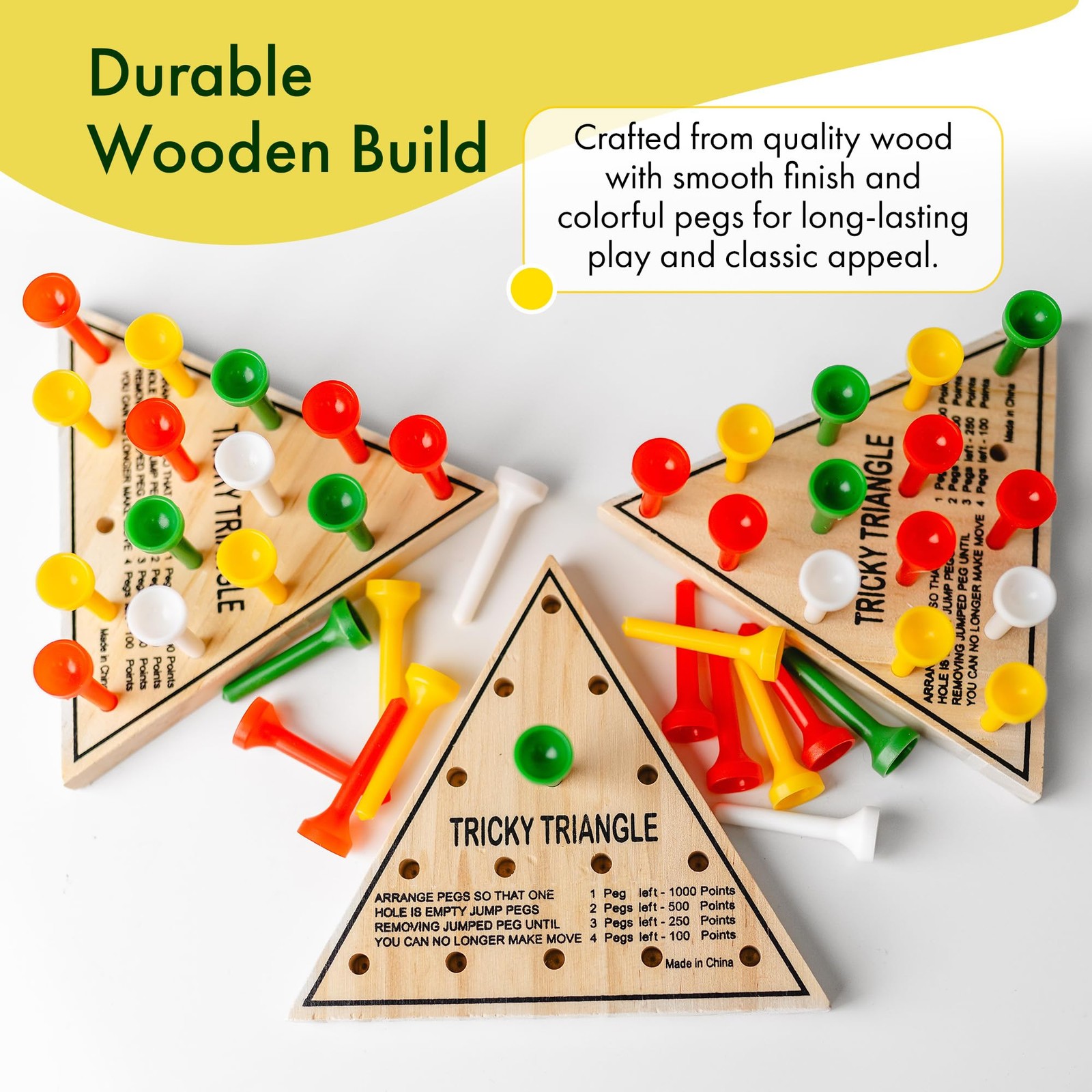 3 Pack – Wooden Triangle Peg Board Game – Retro Mini Travel Game