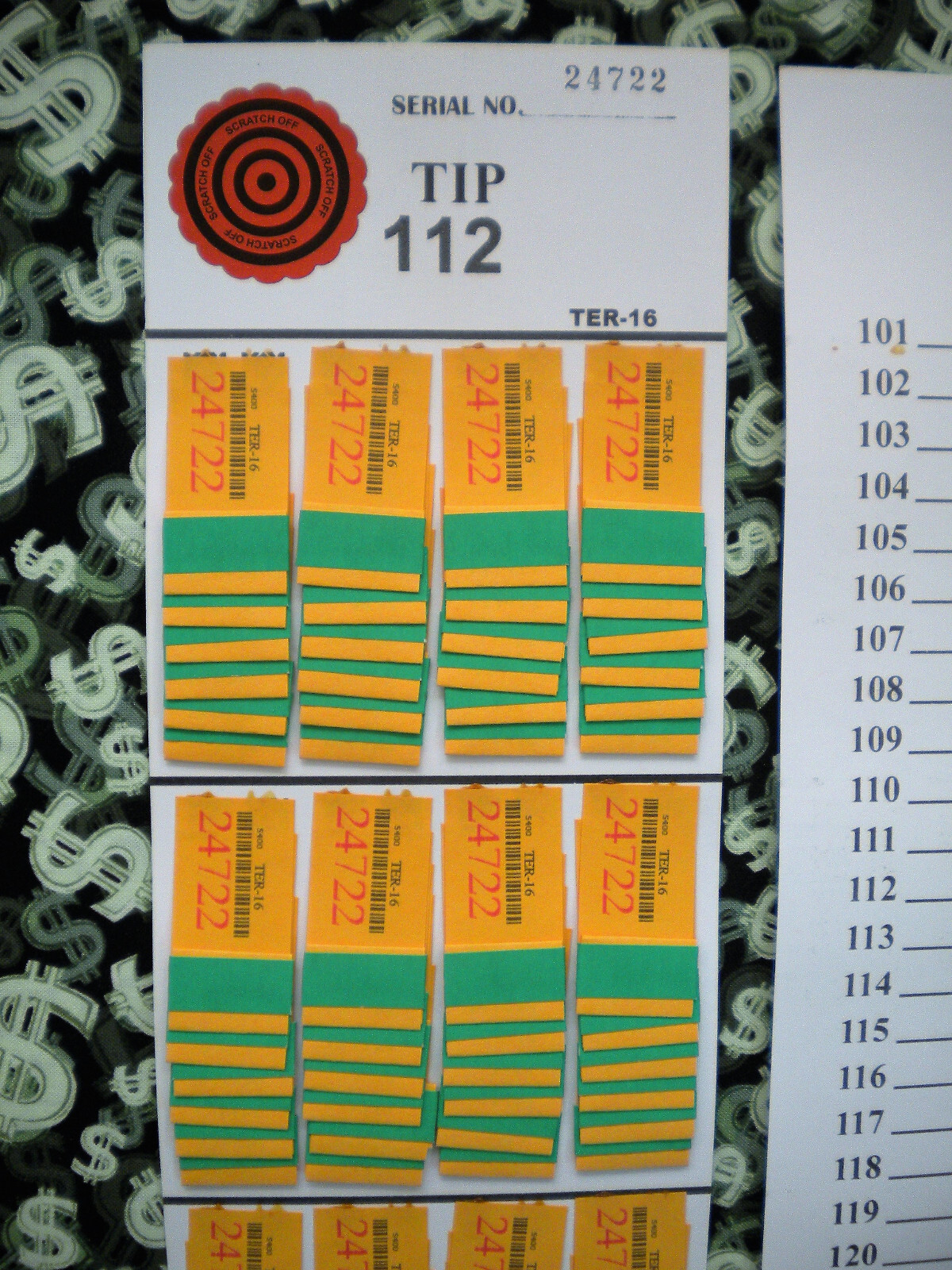 ( 4 LOT ) ~ 96 TER-16 REGULAR “NOT Sure” TIP BOARD {101-124} Pull Tab Jar Ticket
