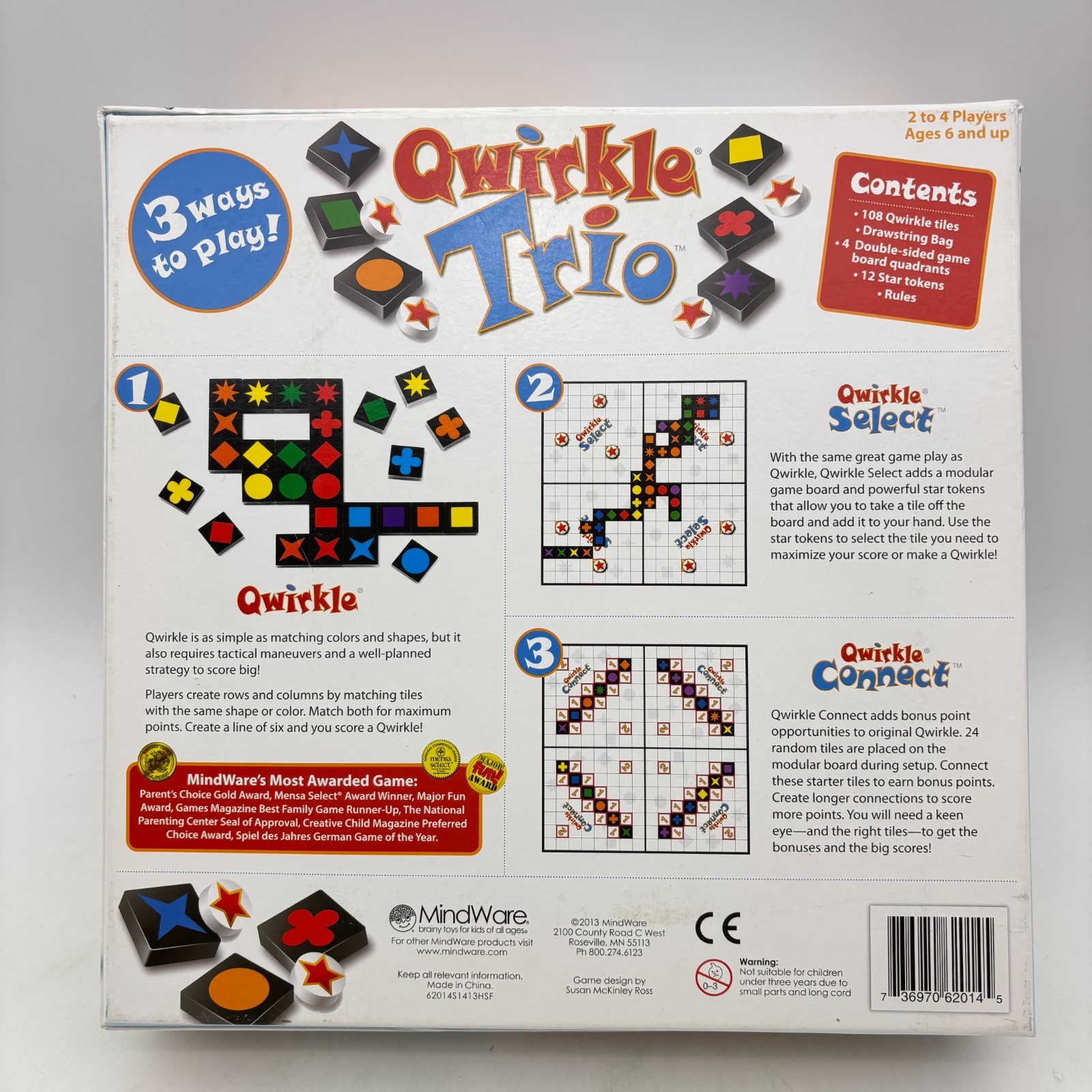 Qwirkle Trio 3 in 1 Game COMPLETE MindWare 2013 Tiles Strategy Select Connect