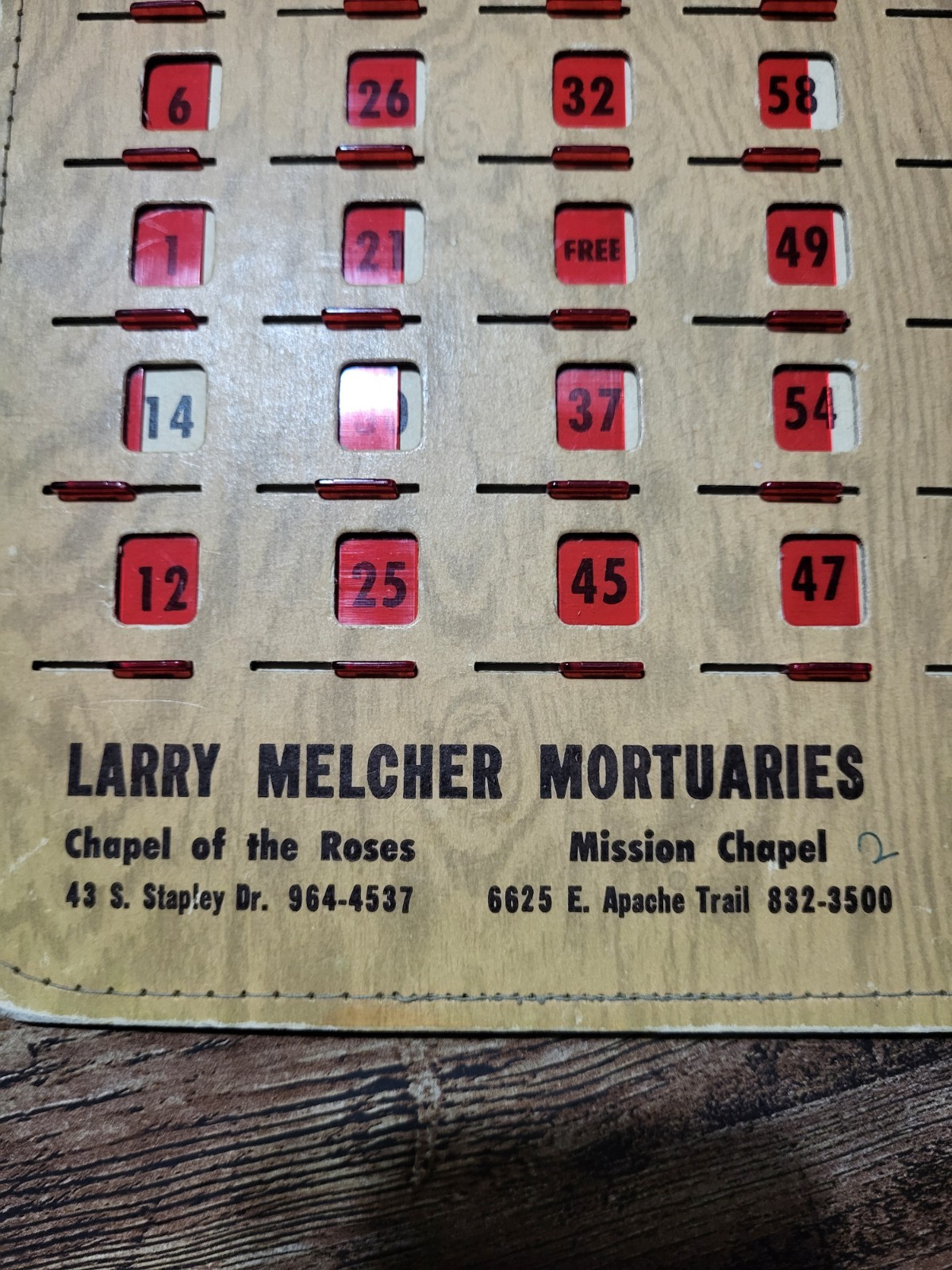 Larry Melcher Mortuaries Mesa Arizona Vintage Bingo Pla-Mor Card 1950’s 60’s