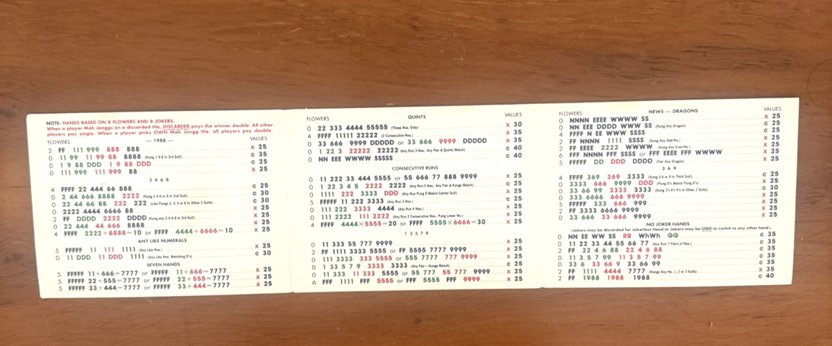 1988-89 National Mah Jongg League Official Hands & Rules Card 51st Year