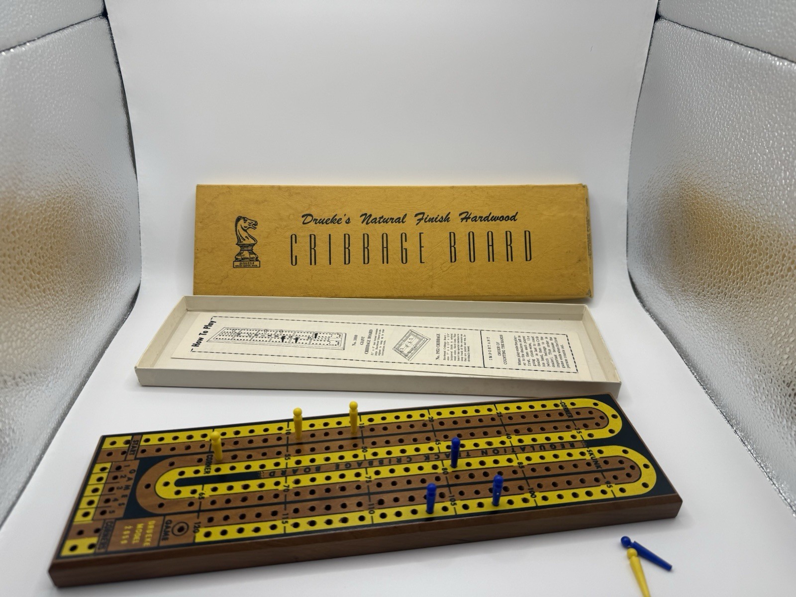 Drueke Cribbage Hardwood Board Game Set, Natural Finish, Pegs, Box, Instructions