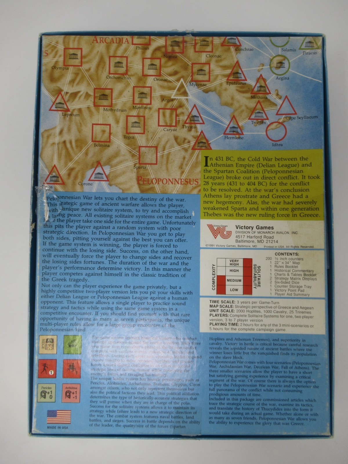 The Peloponnesian War 431-404 BC Board Game Victory Games 1991 Complete Sparta