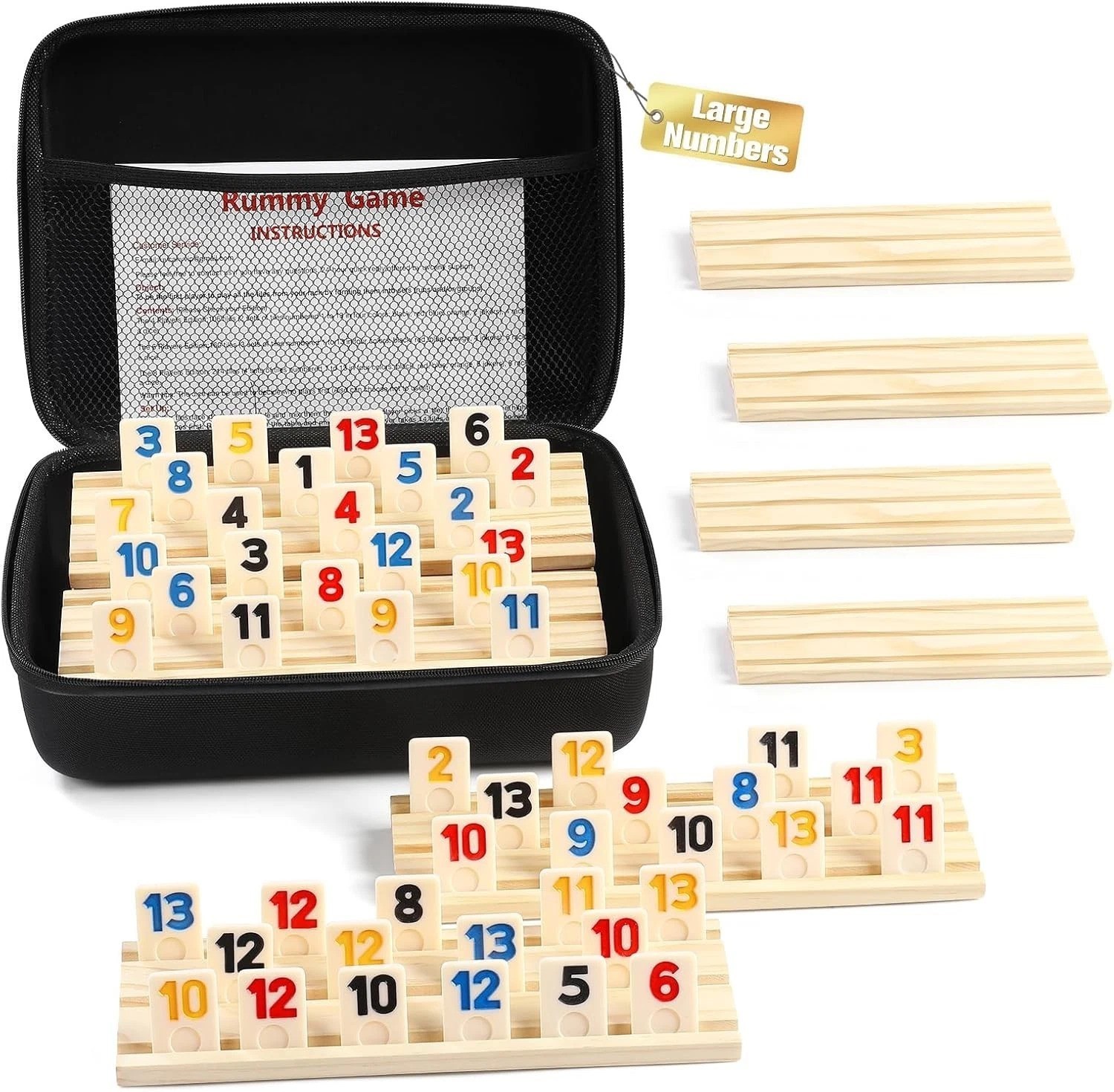 Rummy Cube 8 Player Set – 214 Large Tiles, 8 Wooden Racks, Zipper Case
